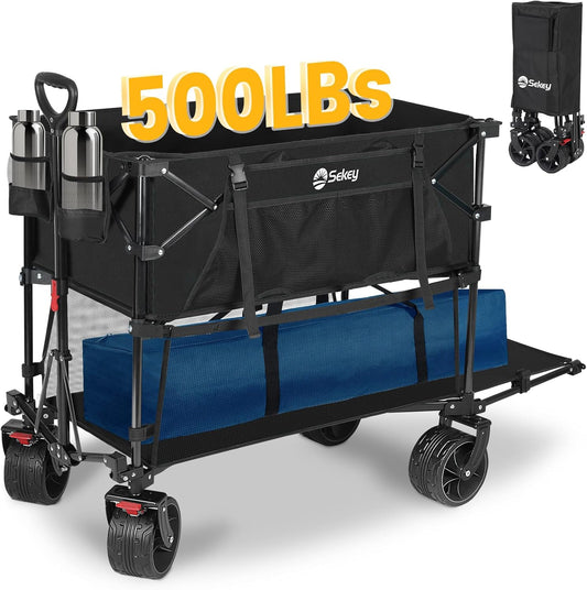 400L Large Capacity Folding Double Decker Wagon with Brakes, 50" Extra Long Extender Cart, 500lbs Heavy Duty Collapsible Wagons