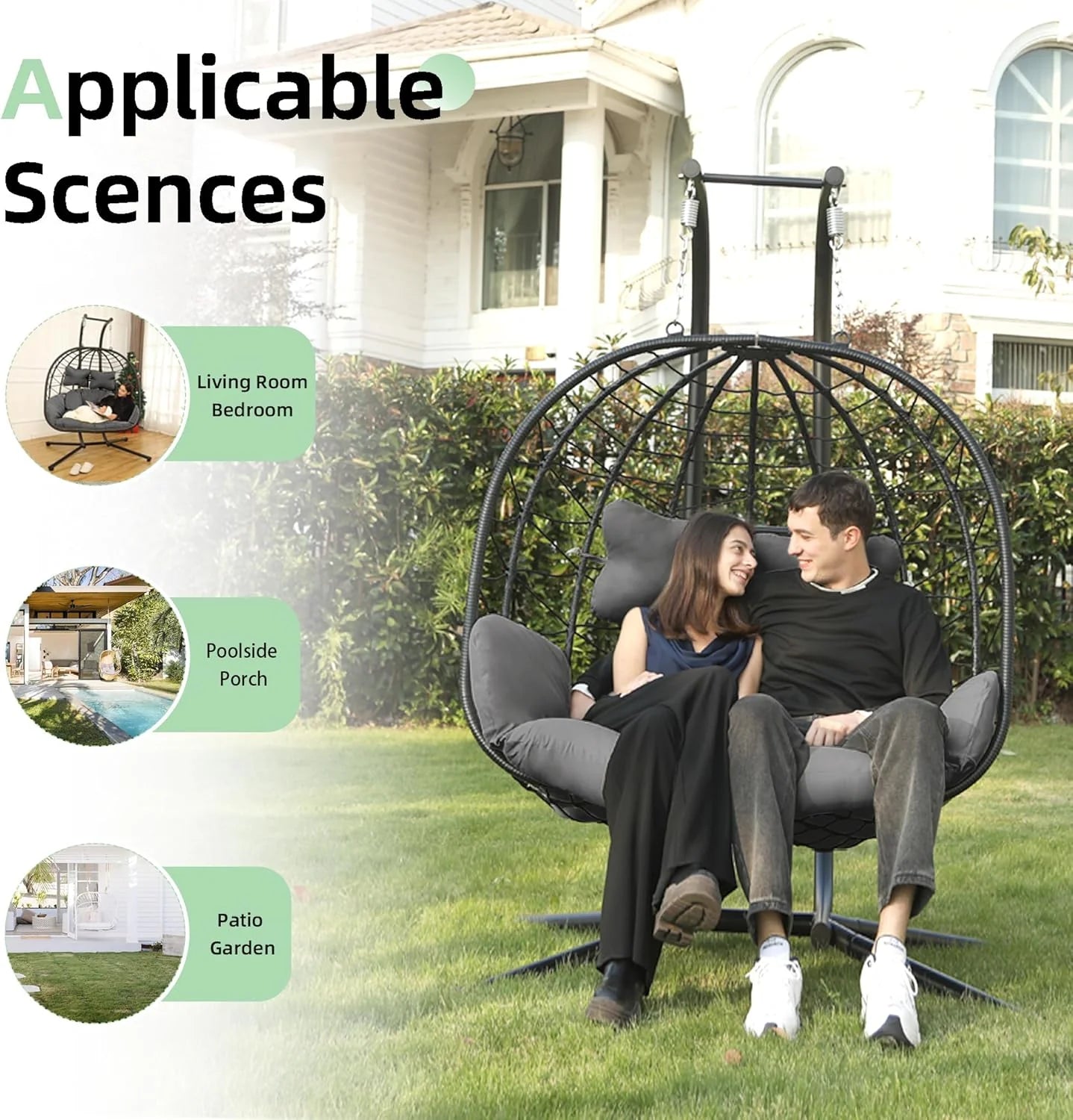 Double Egg Chair wth Stand Hammock Swing Chair Foldable Hanging Loveseat, UV Resistant Removable Cushions, 700LBS Capacity for Bedroom