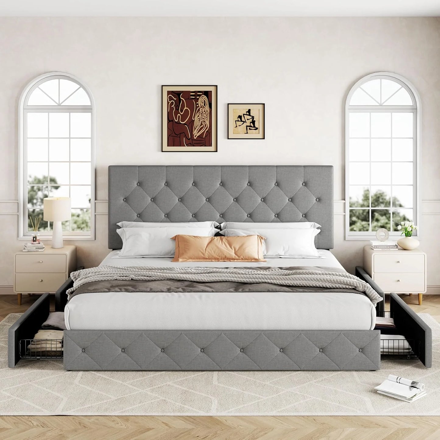 Allewie Upholstered Queen Size Platform Bed Frame with 4 Storage Drawers and Headboard, Square Stitched Button Tufted, Mattress Foundation with Wooden Slats Support, No Box Spring Needed