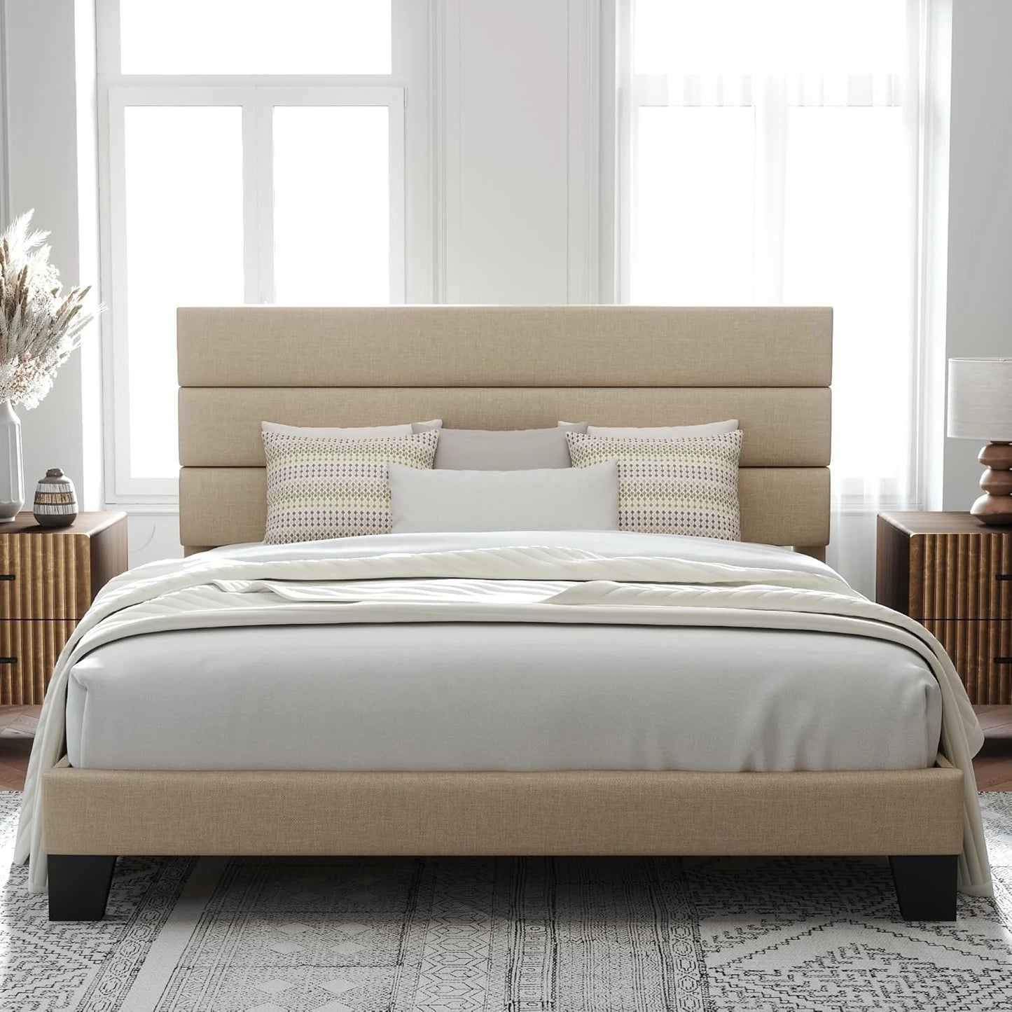 Allewie Queen Size Platform Bed Frame with Fabric Upholstered Headboard and Wooden Slats Support, Fully Upholstered Mattress Foundation/No Box Spring Needed