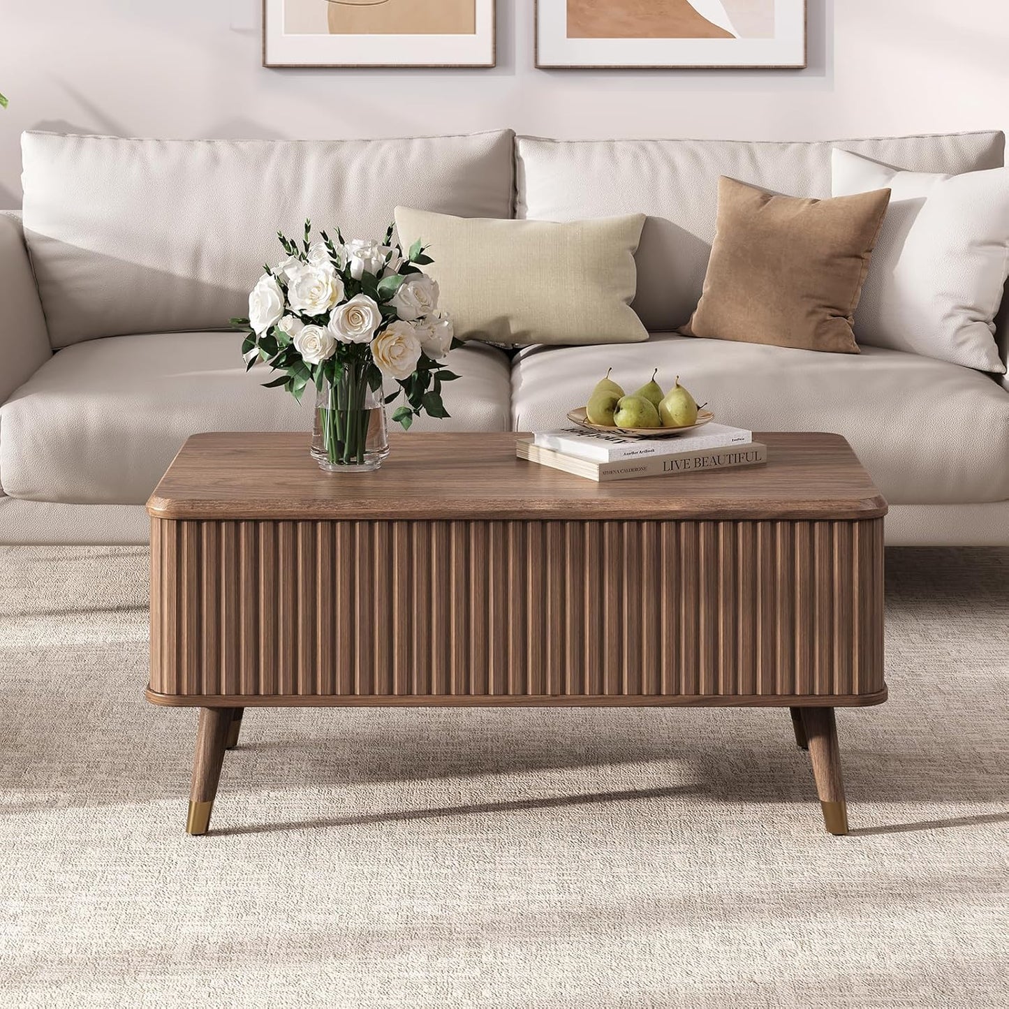 Round Coffee Table with Storage,Fluted Center Table with Sliding Cabinet Door for Living Room,Home Small Space,31.5" Small Center Table,Walnut