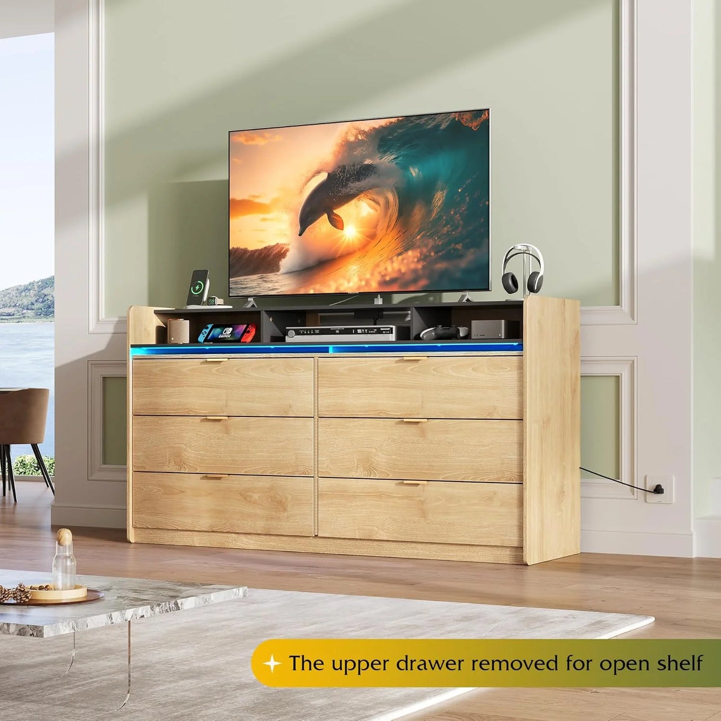 9 Drawer Led Dresser for Bedroom, 58.35'' Wide Wood Dresser Storage Organizer with Power Outlets for 65'' TV, Dressers with Open Shelves