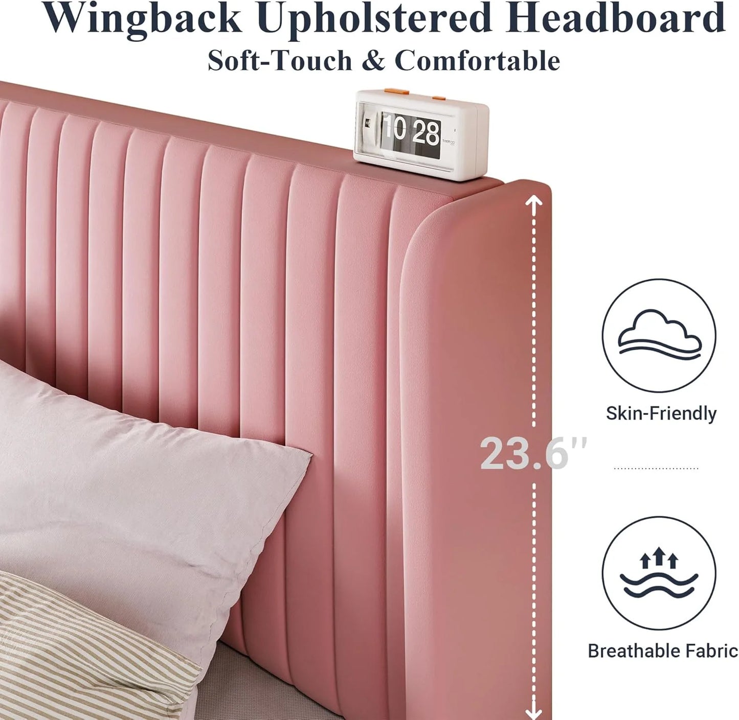 Allewie Full Size Velvet Bed Frame/Vertical Channel Tufted Wingback Headboard/Upholstered Platform Bed/Strong Wooden Slats/No Box Spring Needed/Easy Assembly/White