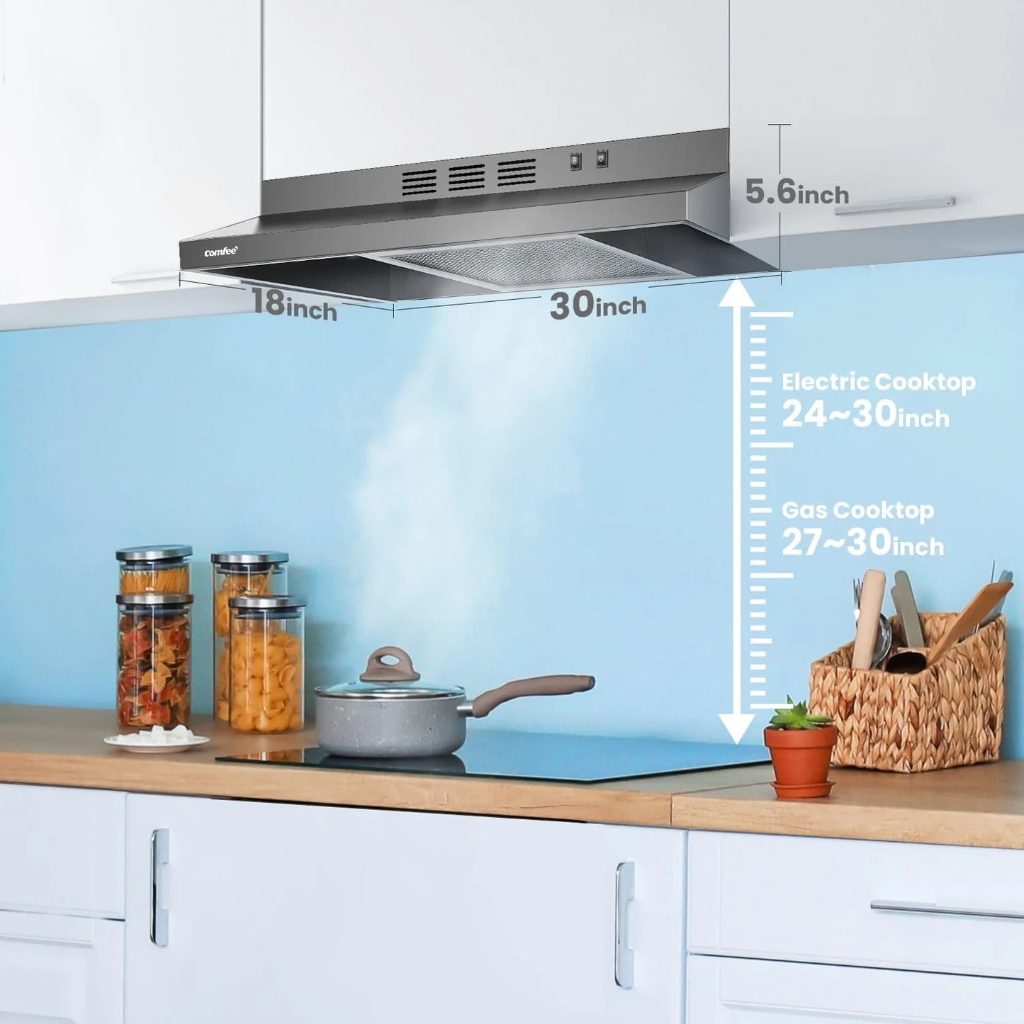 Comfee 30" Under Cabinet Ducted/Ductless Convertible Slim Vent Durable Stainless Steel Kitchen Reusable Filter