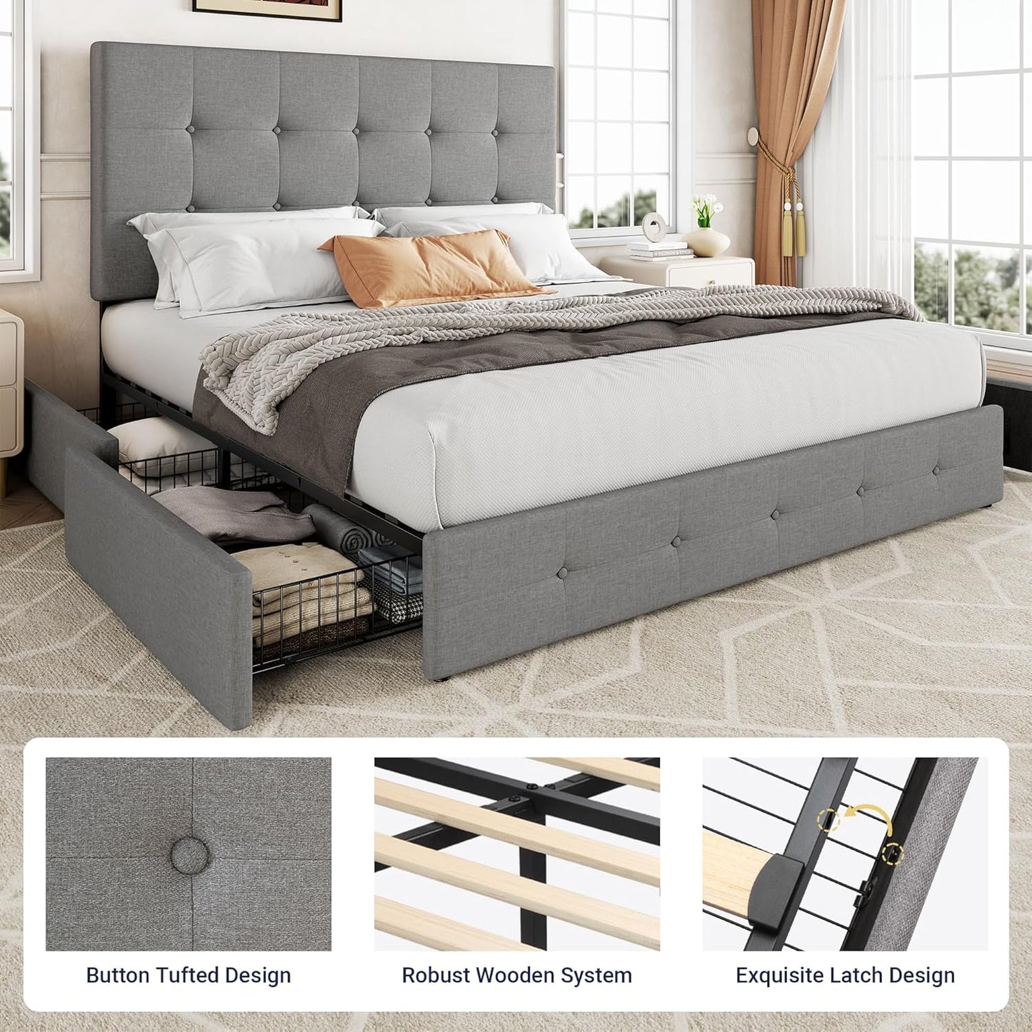 Allewie Upholstered Queen Size Platform Bed Frame with 4 Storage Drawers and Headboard, Square Stitched Button Tufted, Mattress Foundation with Wooden Slats Support, No Box Spring Needed