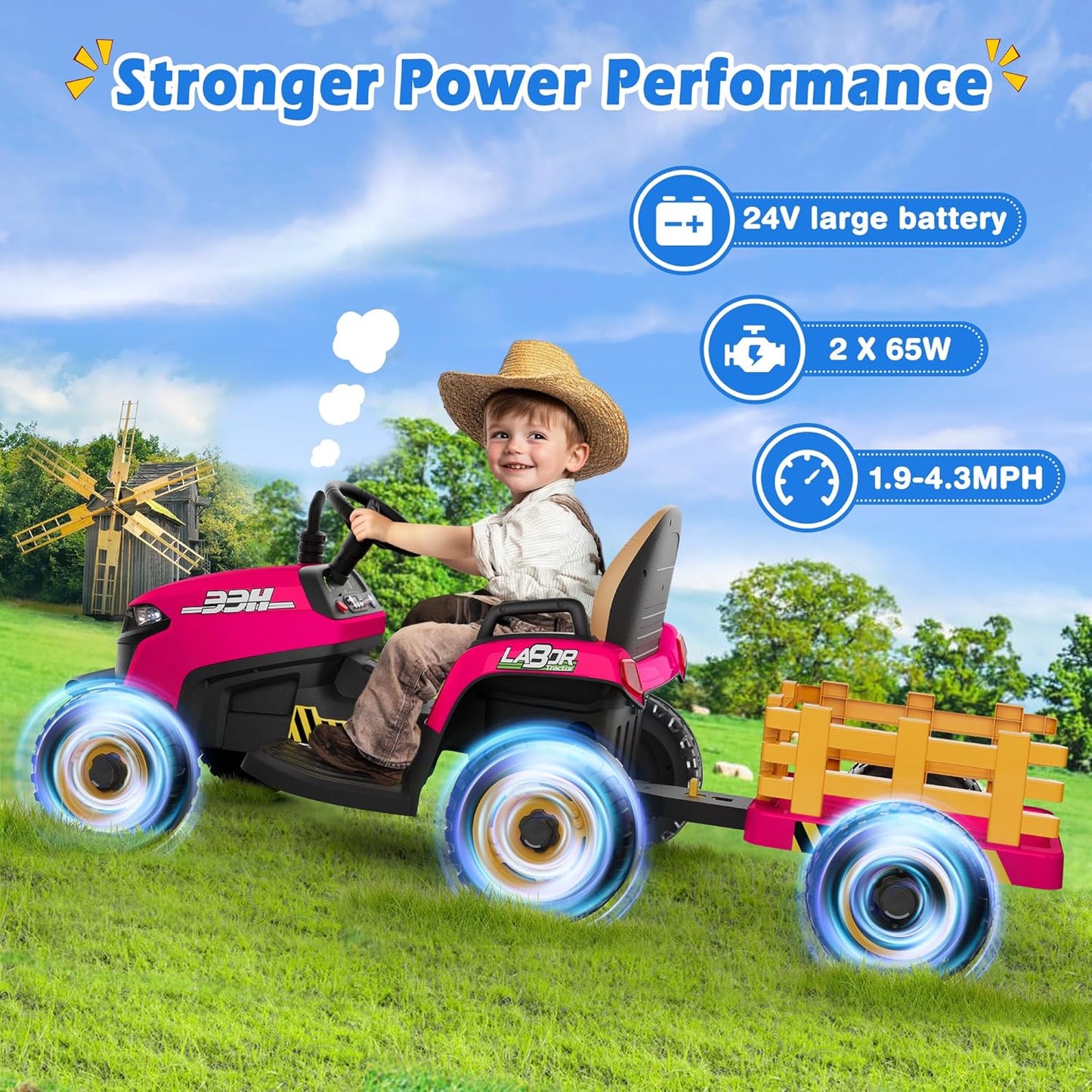 24V Ride On Tractor w/Tiltable & Detachable Trailer, 2x65W Motors, EVA Tires, Remote Control, Bluetooth, Shifter, Music, Electric Car for Kids, Green