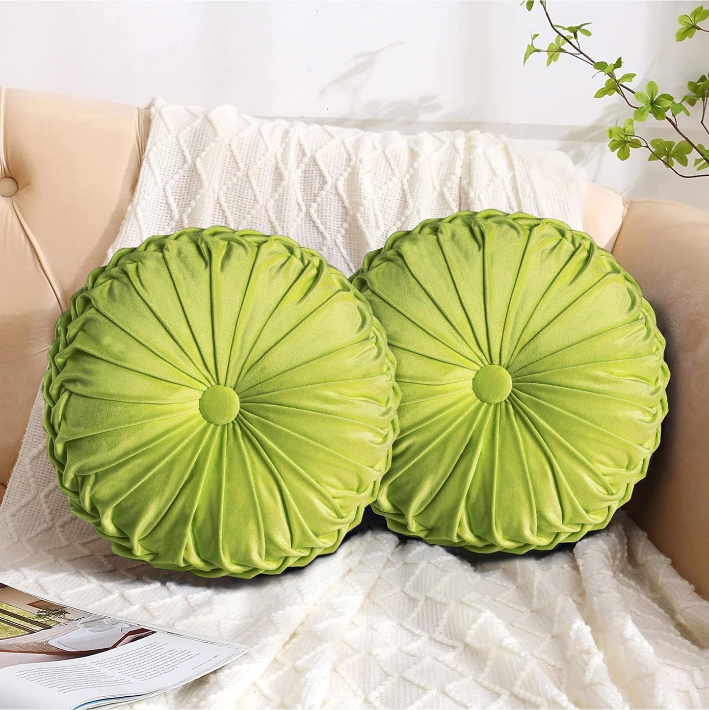 Set of 2 Decorative Round Pleated Throw Pillows