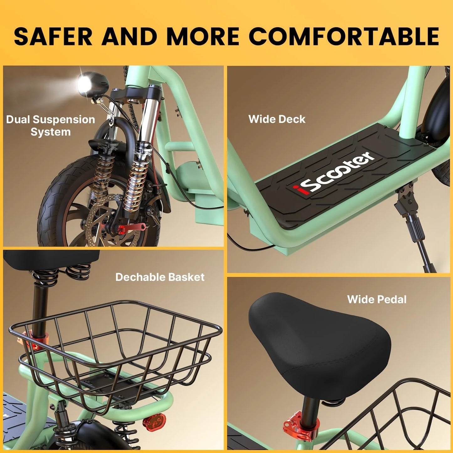 iScooter electric scooter with seat, 37/21 mile range, 28/19/15.6 mph top speed, dual suspension scooter with basket