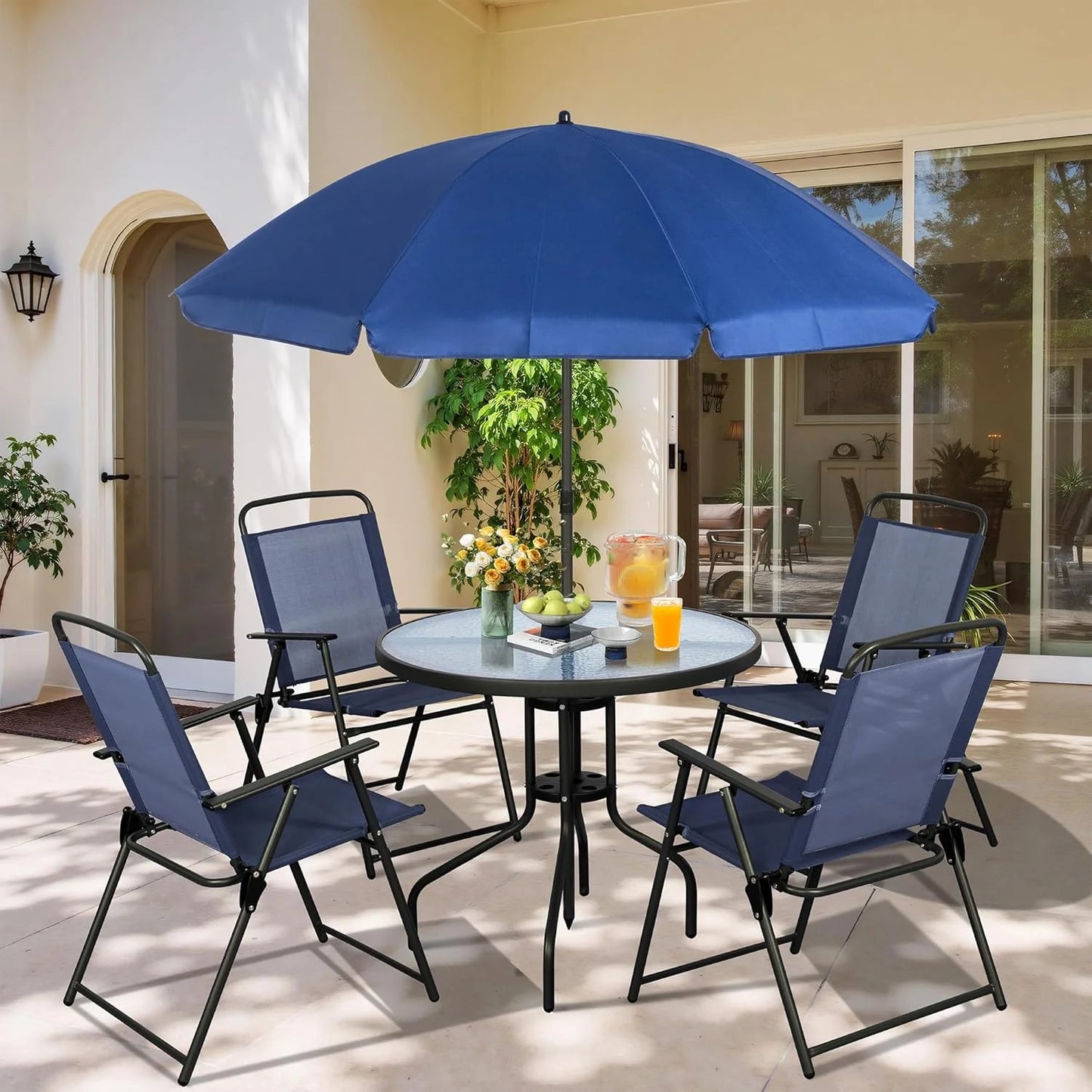 Vongrasig 6 Piece Folding Patio Dining Set,Small Metal Outdoor Garden Patio Table and Chair Set w/Umbrella for Lawn,Deck,Backyard,Black