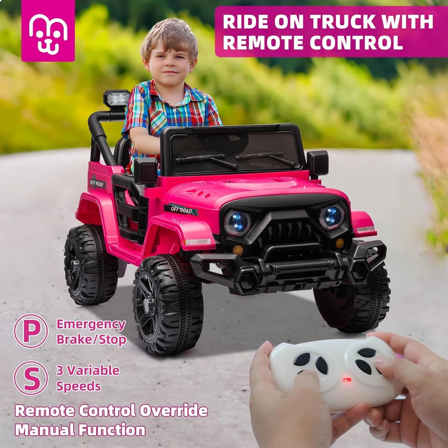 12V Kids Electric Ride on Truck Car Remote Control, Twin 35W Motors 3.5MPH Max Speed, Bluetooth USB Music Player, 4 Wheels Suspension LED Lights Safety Belt, Gift for Boy & Girl-Rosy