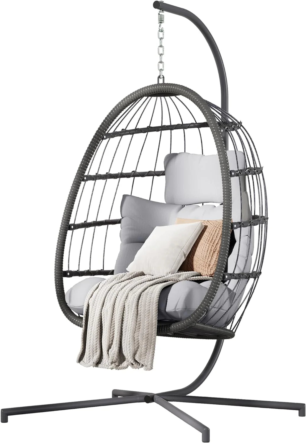 HWB Hanging Egg Chair with Stand, Patio Wicker Hammock Egg Swing Chair with Cushion for Bedroom Garden Indoor Outdoor (Beige)