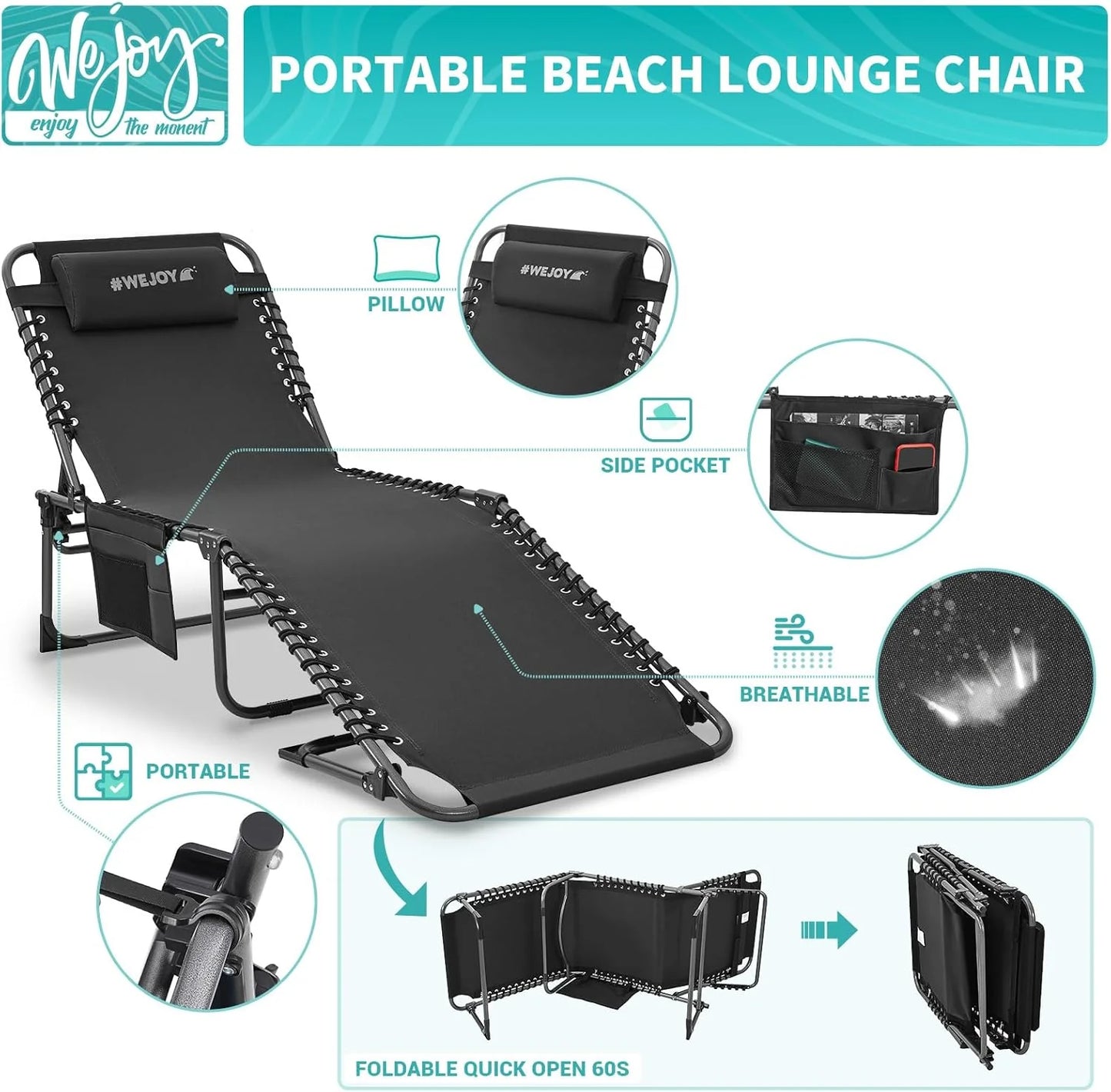 2 Pack Outdoor Chaise Lounge Chair - Portable Folding Patio Pool Lounge Chair, 5 Positions Adjustable Reclining Camping Chair with Side Table,Shoulder Strap, Pillow for Beach Sunbathing Lawn