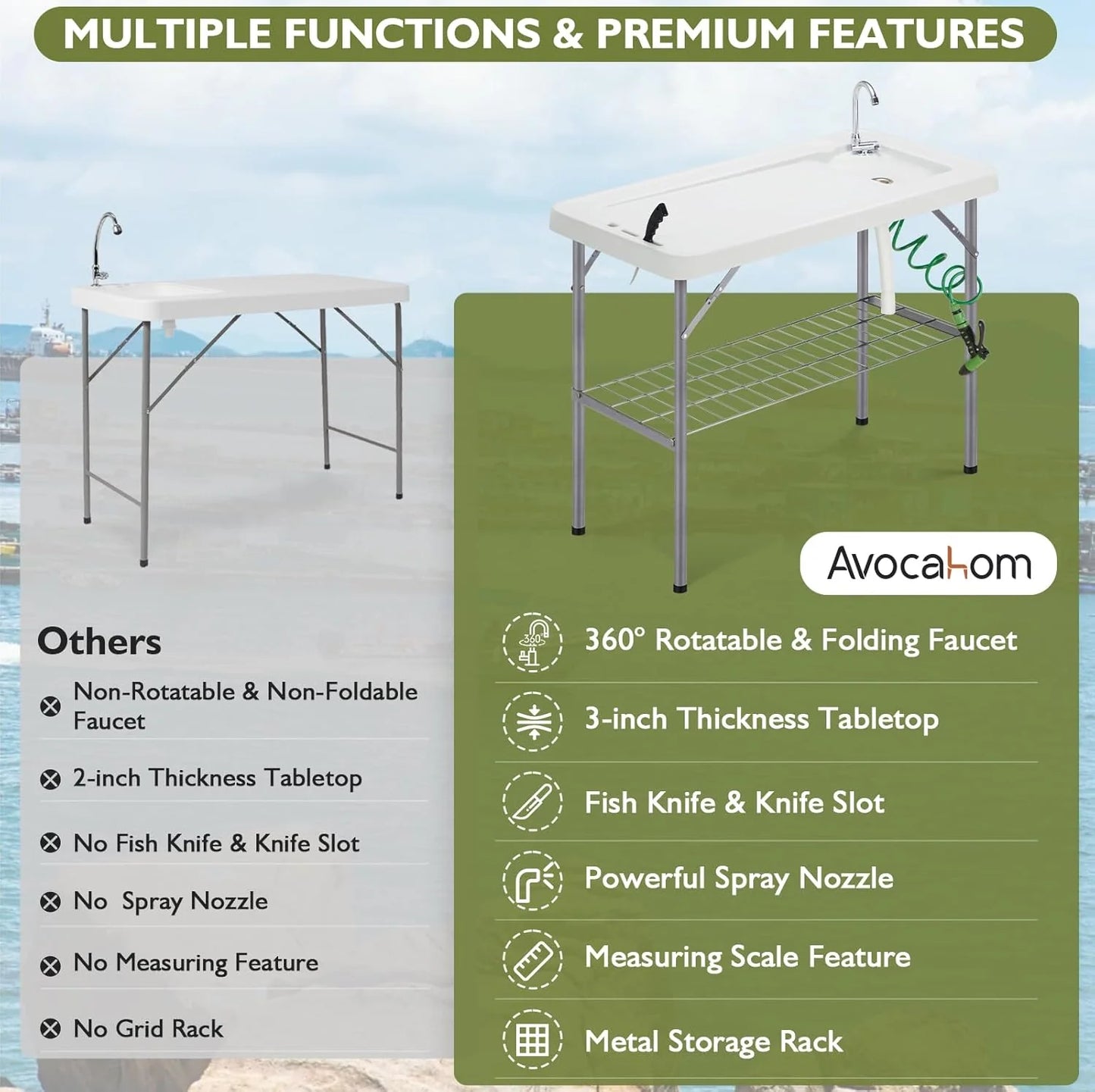 Folding Fish Cleaning Table Portable Camping Sink Table with Faucet Drain Hose and Sprayer Outdoor Fish Fillet Cleaning Station