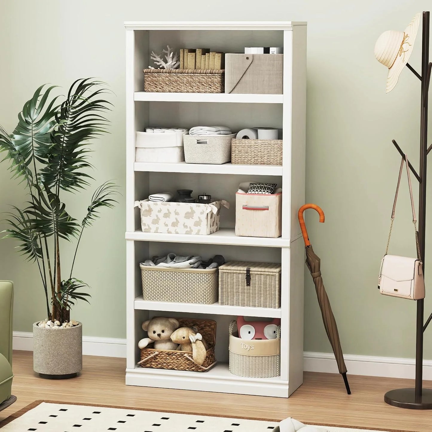 70-Inch Tall White Bookcase 5 Tiers Shelves Open Storage Bookshelf