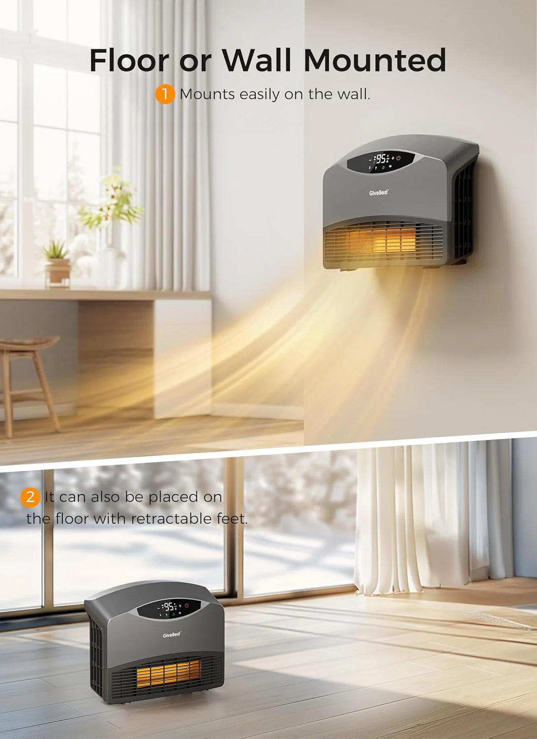 Wall mounted electric heater with WiFi and remote control, floor standing heater 1500W fast coverage for large rooms