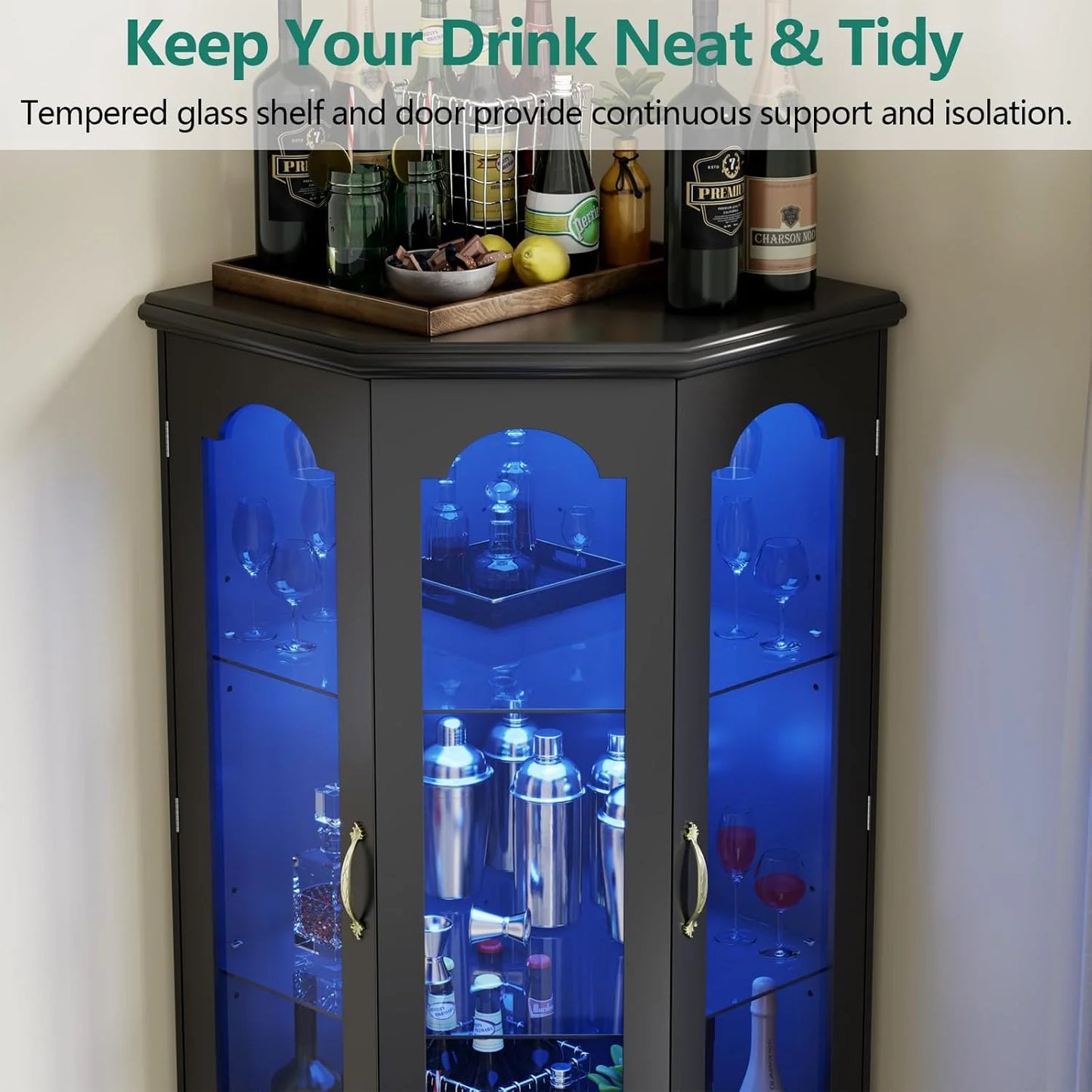 Corner wine cabinet with LED lights, tall modern wine cabinet, home bar wine storage cabinet