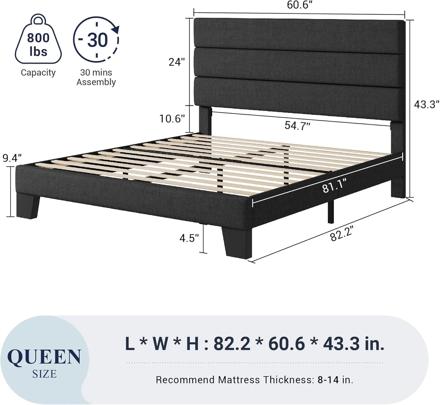 Allewie Queen Size Platform Bed Frame with Fabric Upholstered Headboard and Wooden Slats Support, Fully Upholstered Mattress Foundation/No Box Spring Needed