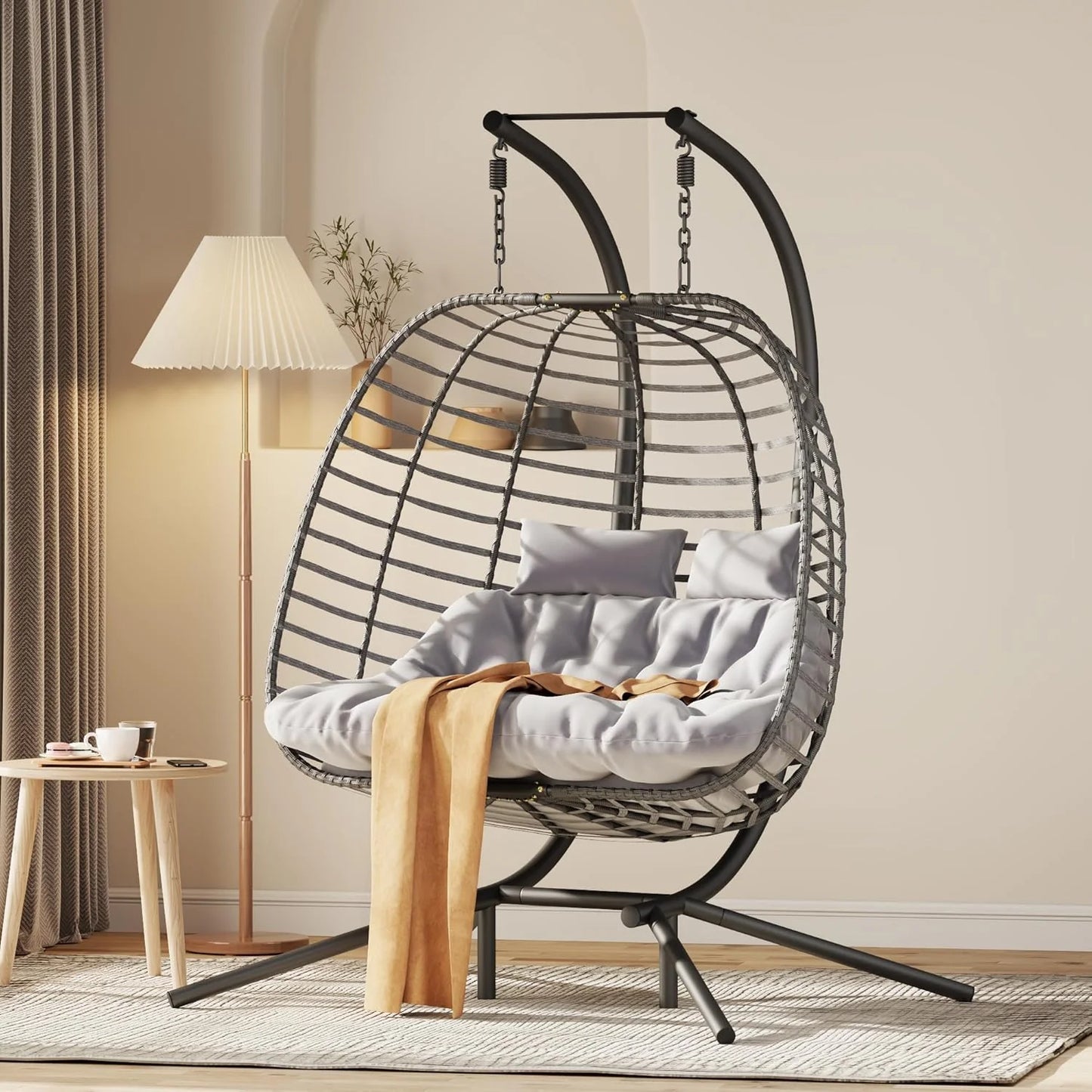 HWB Hanging Egg Chair with Stand, Patio Wicker Hammock Egg Swing Chair with Cushion for Bedroom Garden Indoor Outdoor (Beige)
