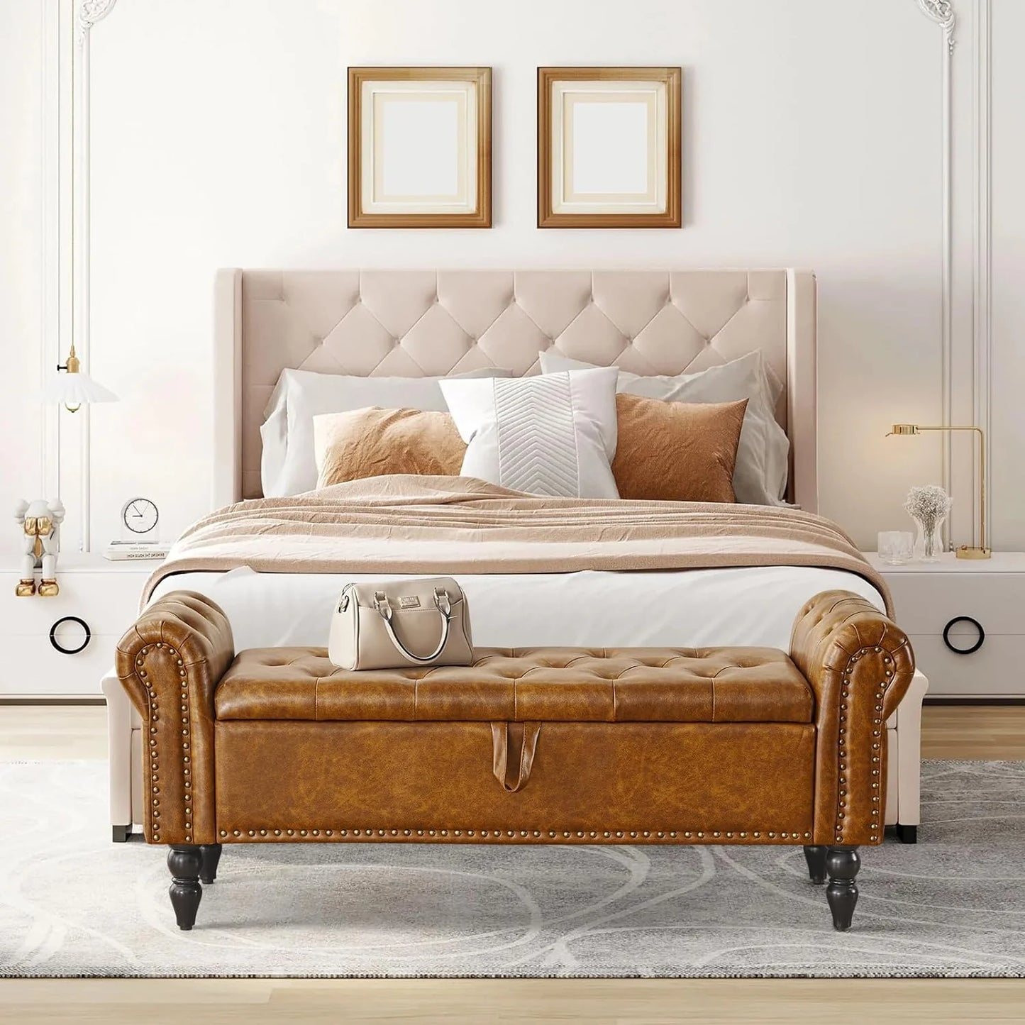 Furniliving Modern Storage Ottoman Bench, Sherpa Ottoman End of Bed Bench with Solid Wood Legs Upholstered Ottoman Benches with Storage Indoor Bench