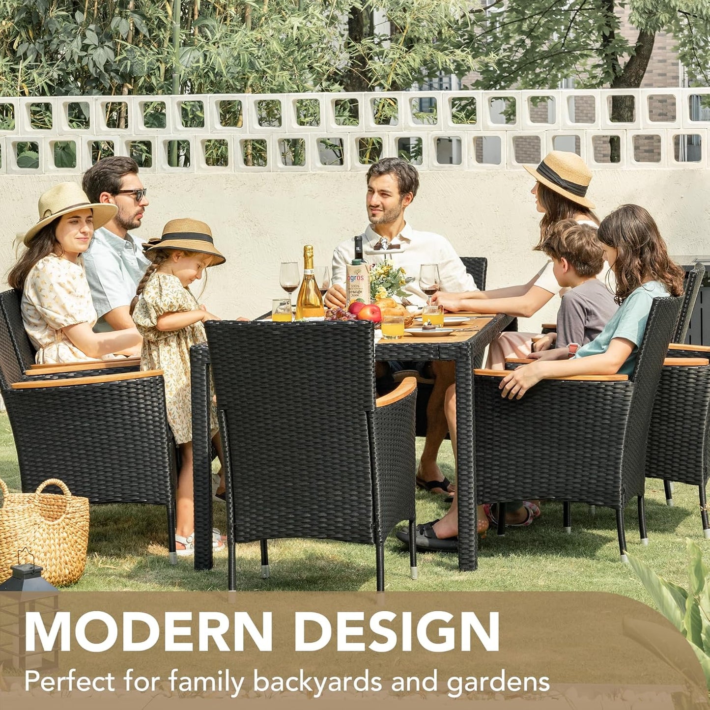 Devoko Dining 7 PCS Furniture, Patio Conversation Set with Acacia Wood Table Top, Rattan Outdoor, Black