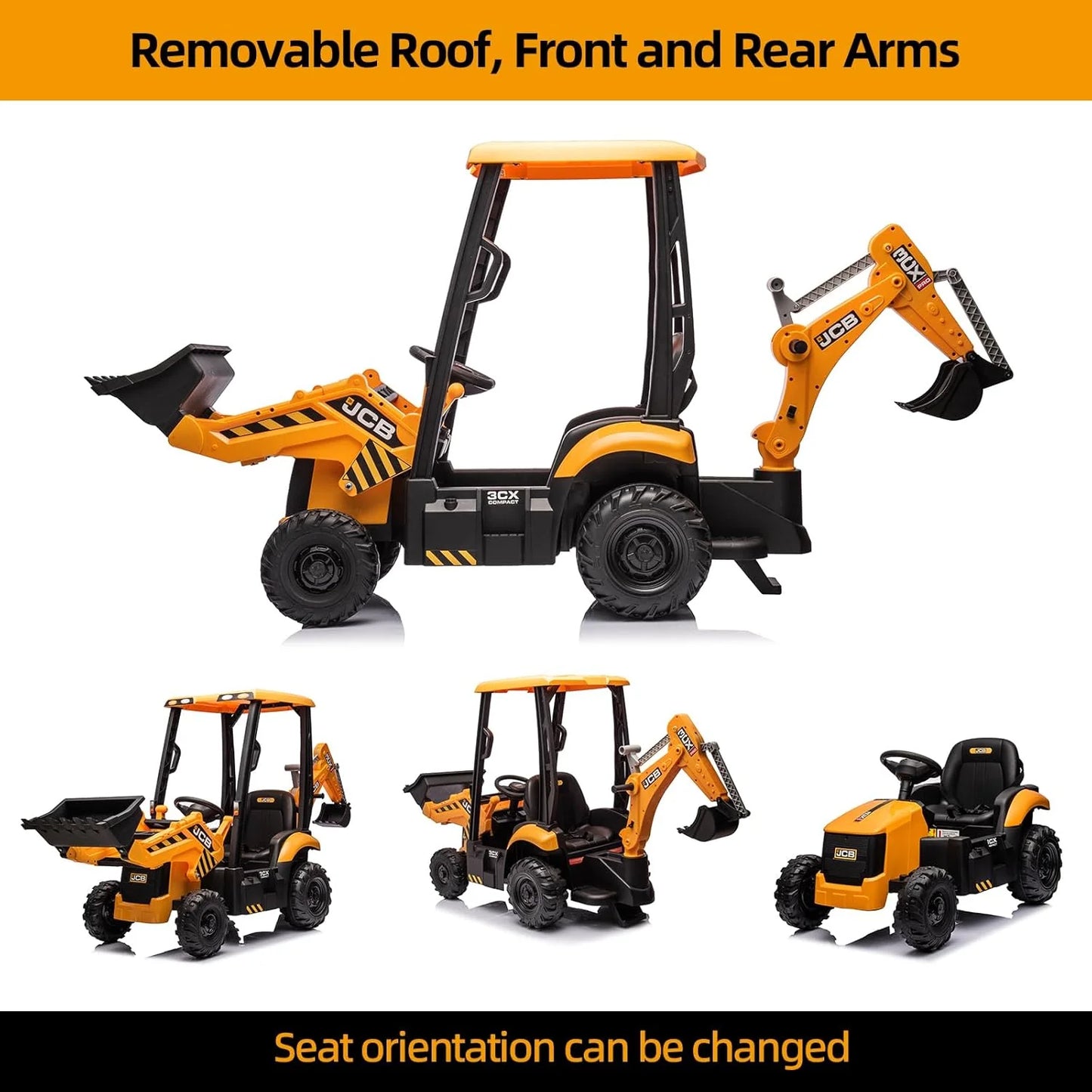 12V JCB Ride On Excavator, Ride on Toys for Kids 4-8, Electric Car for Kids with Tractor, Bulldozer, Digging Arm, Backhoe Toy Car with Slow Start/Stop, Adjustable Speeds