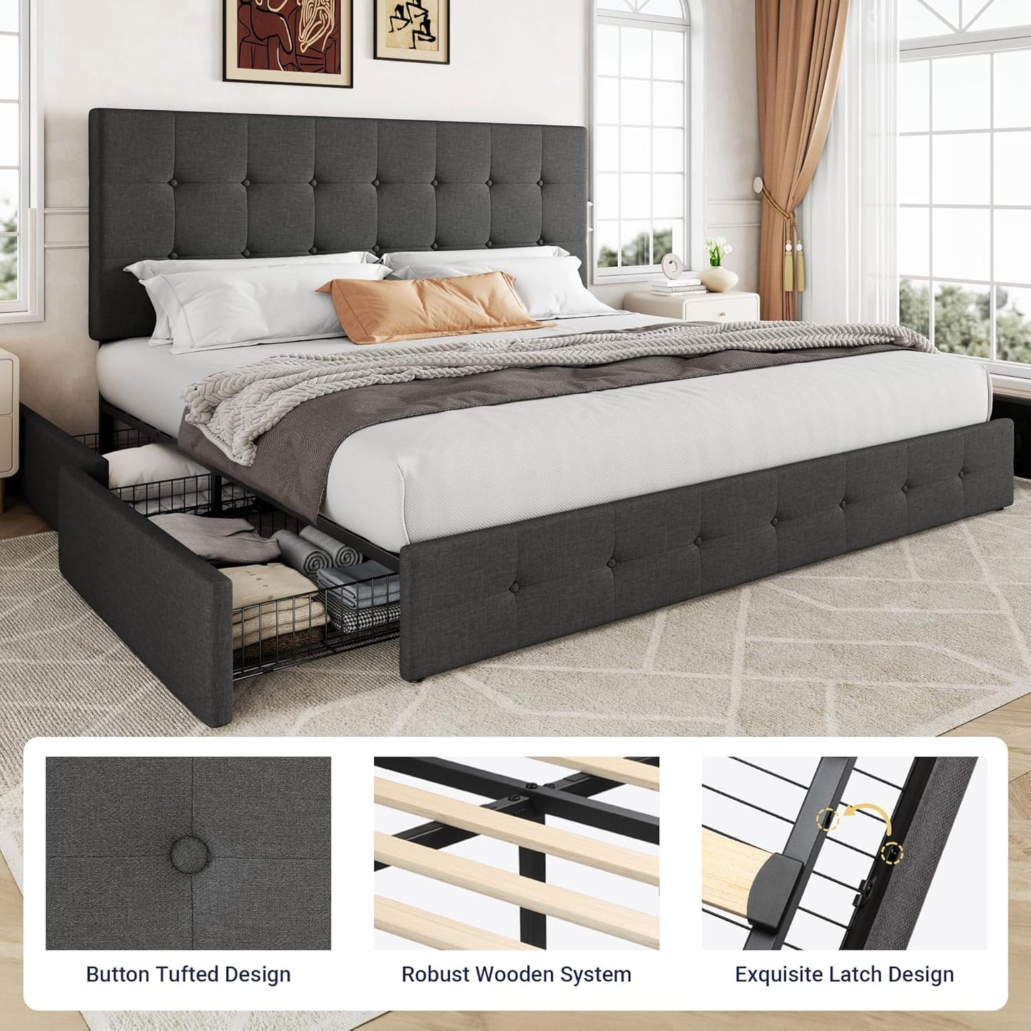 Allewie Upholstered Queen Size Platform Bed Frame with 4 Storage Drawers and Headboard, Square Stitched Button Tufted, Mattress Foundation with Wooden Slats Support, No Box Spring Needed