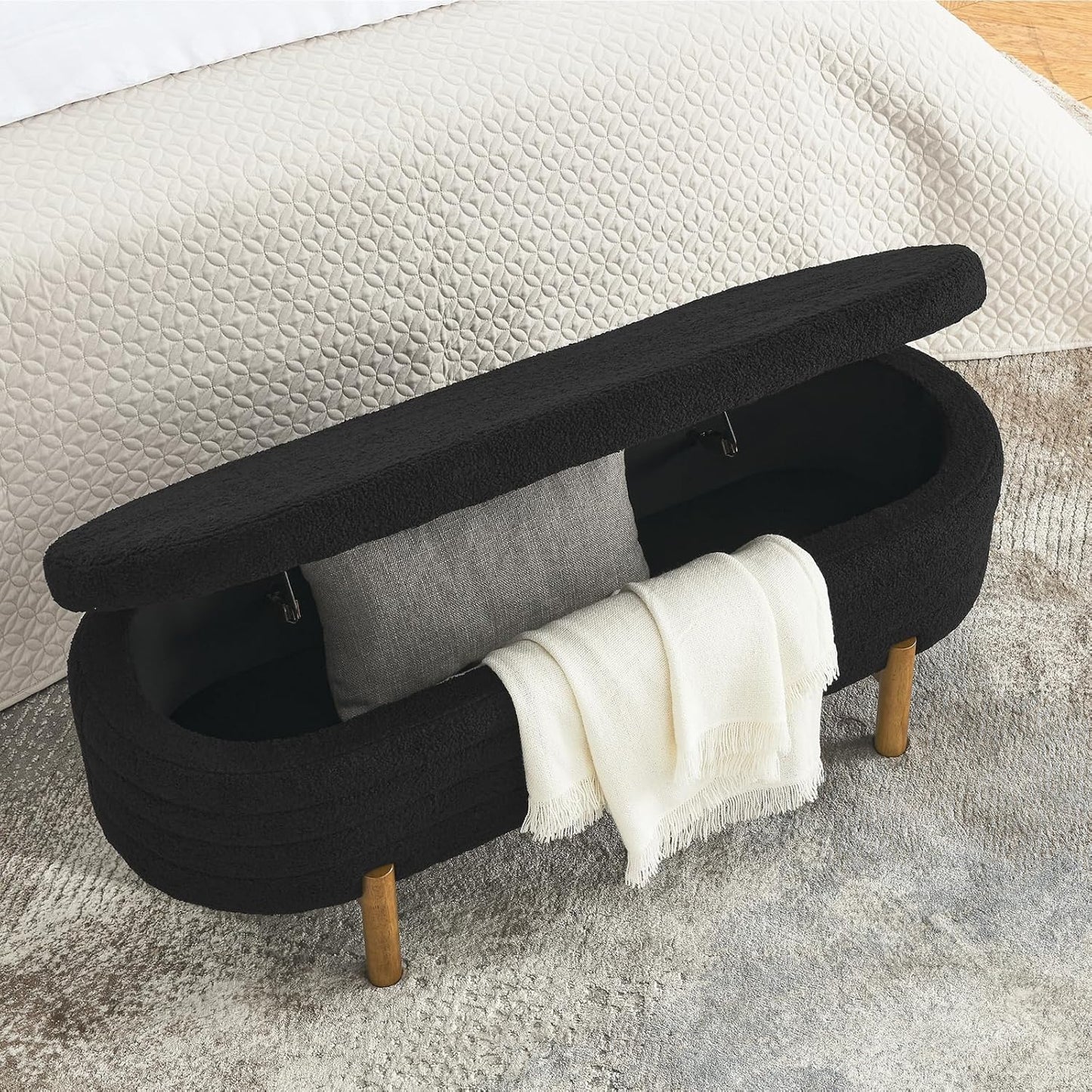 Furniliving Modern Storage Ottoman Bench, Sherpa Ottoman End of Bed Bench with Solid Wood Legs Upholstered Ottoman Benches with Storage Indoor Bench