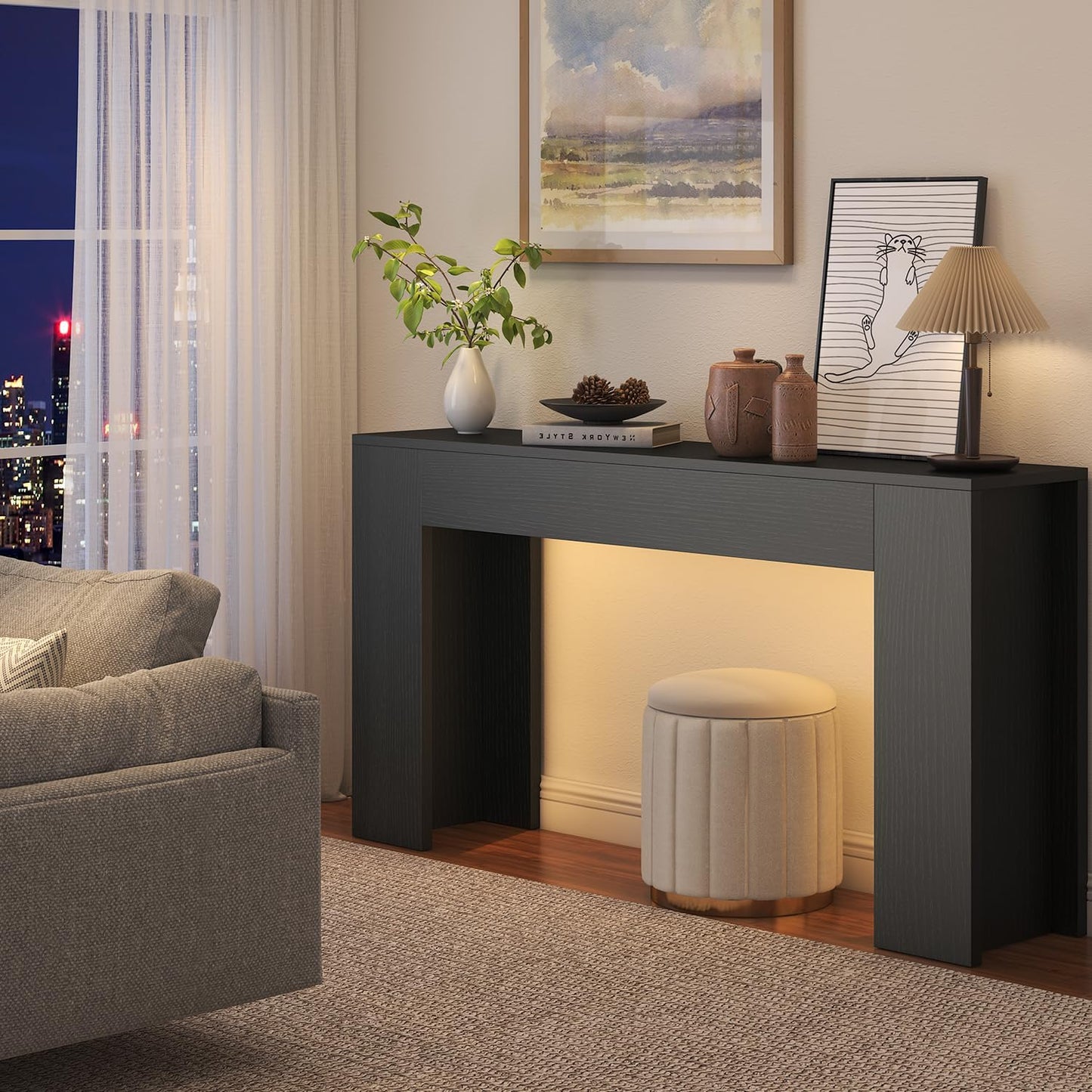 63-Inch Long Console Table with LED Light Farmhouse Sofa Table Behind Couch