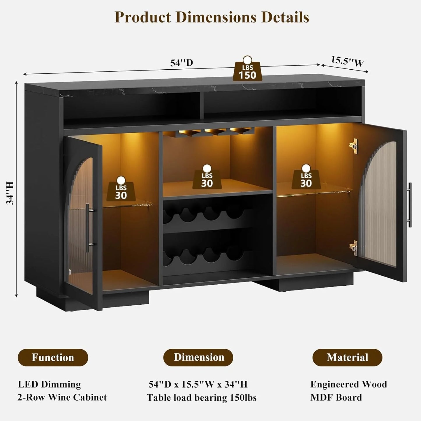 Sideboard, 54-inch kitchen cabinet with LED lights and arched glass doors, tall bar cabinet