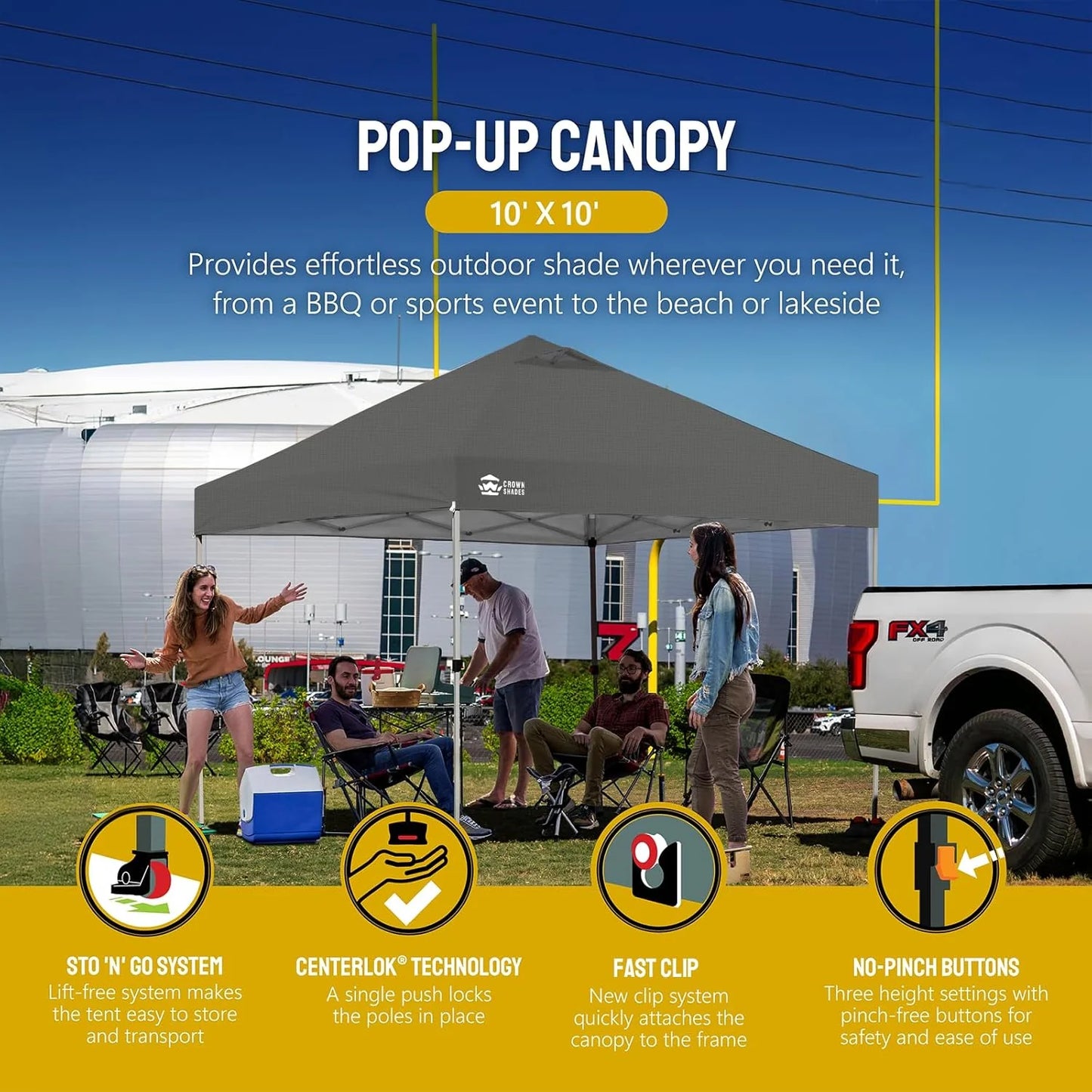 10x10 Pop-Up Awning - One-Click Installation Beach Tent - Outdoor Sunshade Silver Coated Top, 3 Heights and 4 Sand Pockets
