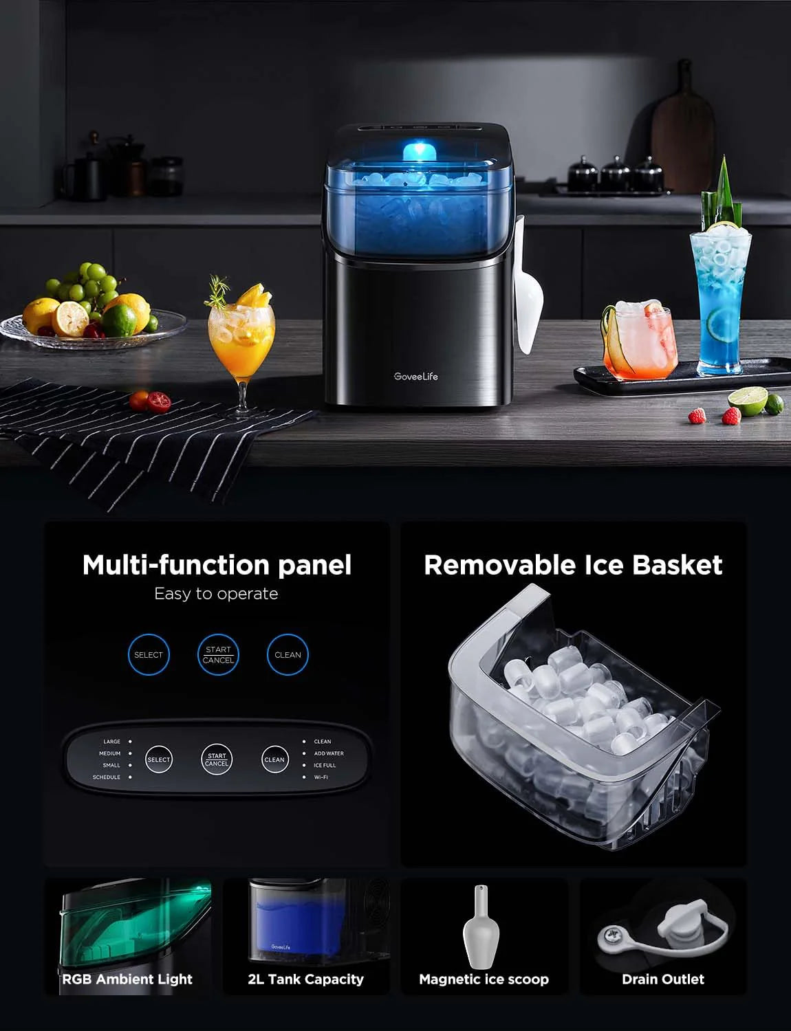 GoveeLife Smart Ice Maker Countertop, Portable Ice Machine with Voice Control, 9 Ice Cubes in 6 Minutes 3 Sizes, 26lbs/24Hrs, Self Cleaning RGB Lights, Quiet Ice Maker with Scoop for Kitchen Silver