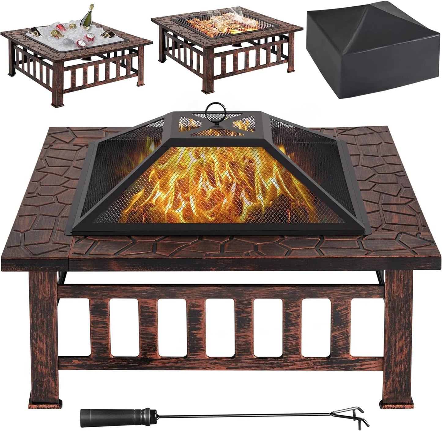 Yaheetech Multifunctional Fire Pit Table 32in Square Metal Firepit Stove Backyard Patio Garden Fireplace for Camping, Outdoor Heating, Bonfire and Picnic