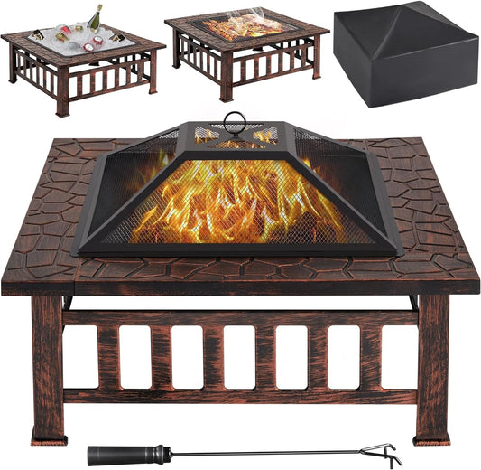 Yaheetech Multifunctional Fire Pit Table 32in Square Metal Firepit Stove Backyard Patio Garden Fireplace for Camping, Outdoor Heating, Bonfire and Picnic