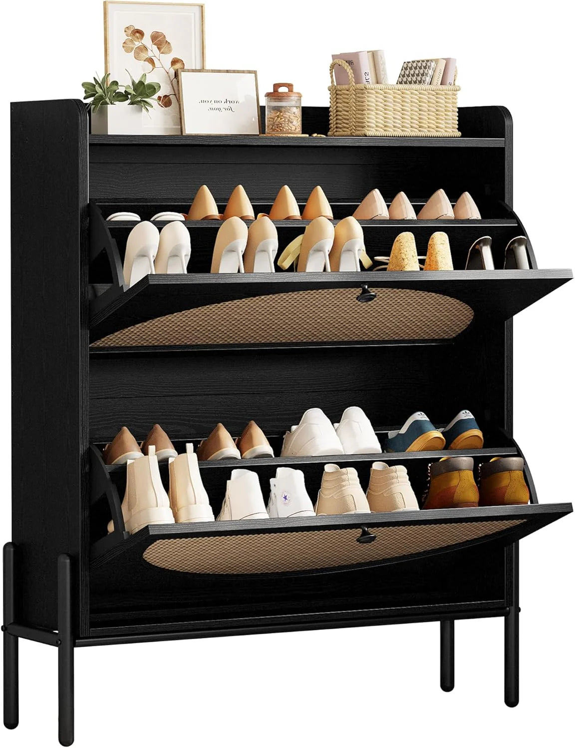 IRONCK Shoe Cabinet Storage with 2 Flip Drawers, Free Standing Wooden Shoe Storage Organizer Cabinet with Rattan Doors for Entryway, Narrow Shoe Rack Cabinet, Oak