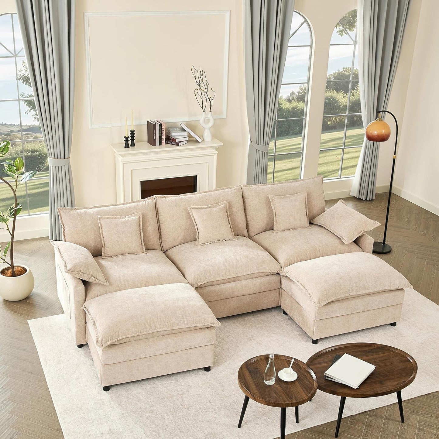 108 Inch U Shape Sofa, Sectional Sofa, Comfortable Cloud Sofa with Removable Footstool, Living Room Deep Seat Sofa, Linen, Beige