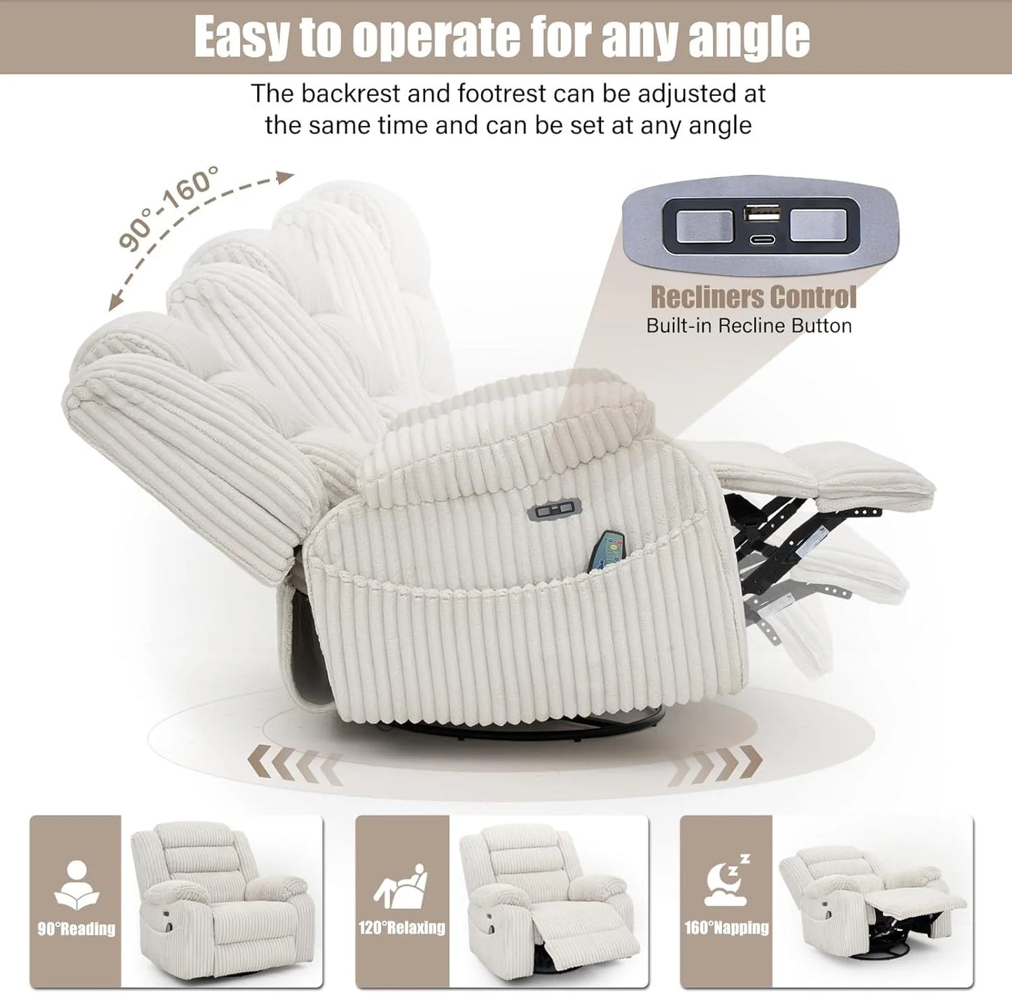 Electric rotary rocker lounge chair for adults with massage and calories, USB and C charging ports