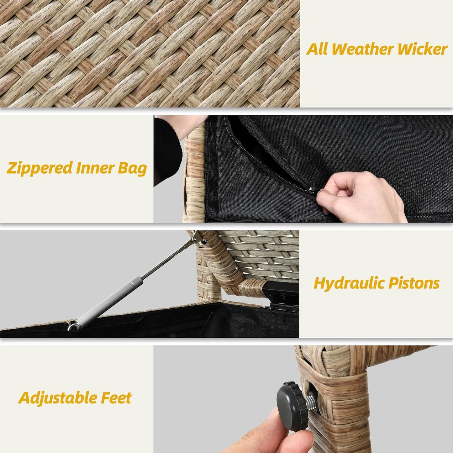 DWVO 70Gal Outdoor Storage Bench with Cushion & Composite Wood Backrest, All-Weather Wicker Deck Bench with Rustproof Bag, Poolside, Patio, Garden (Sand Beige)