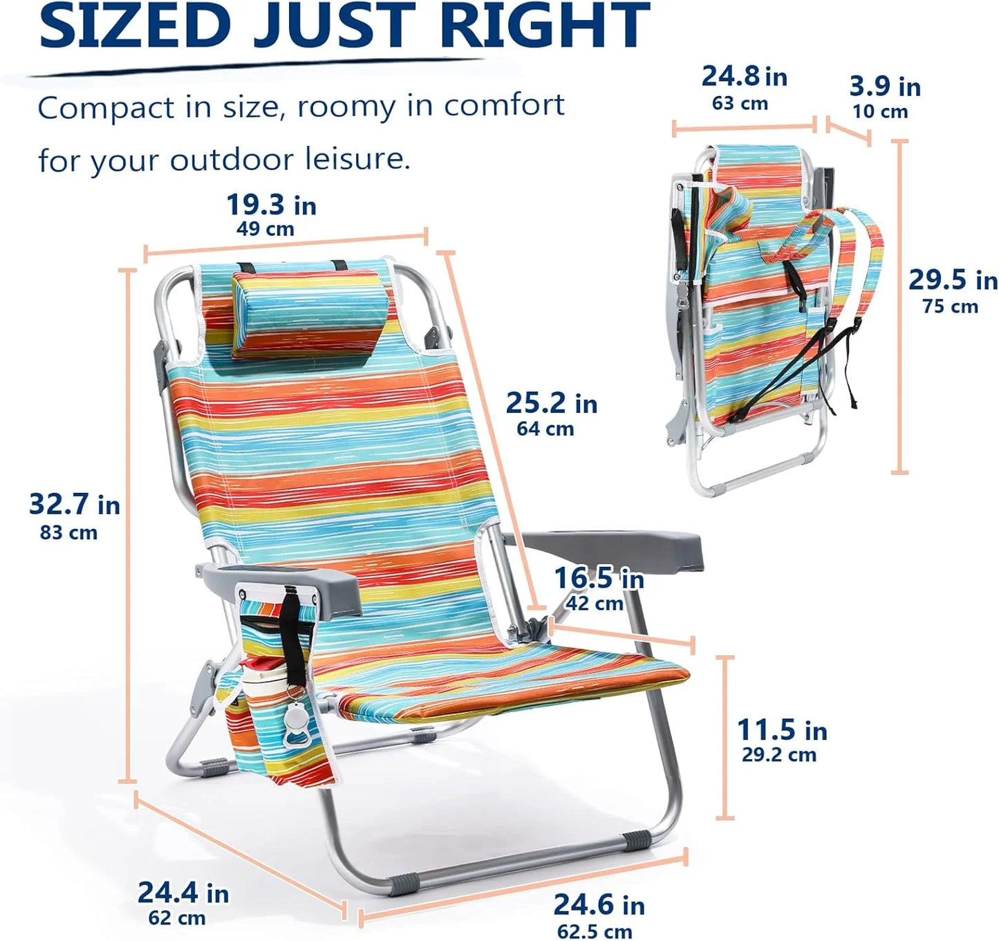 5-Position Aluminum Lay Flat Tall Backpack Beach Chairs 2 Pack Compact Portable Beach Chairs for Adults with Cooler Pouch, Storage Pouch, Towel Bar, Cup Holder & Phone Holder, Blue Stripe