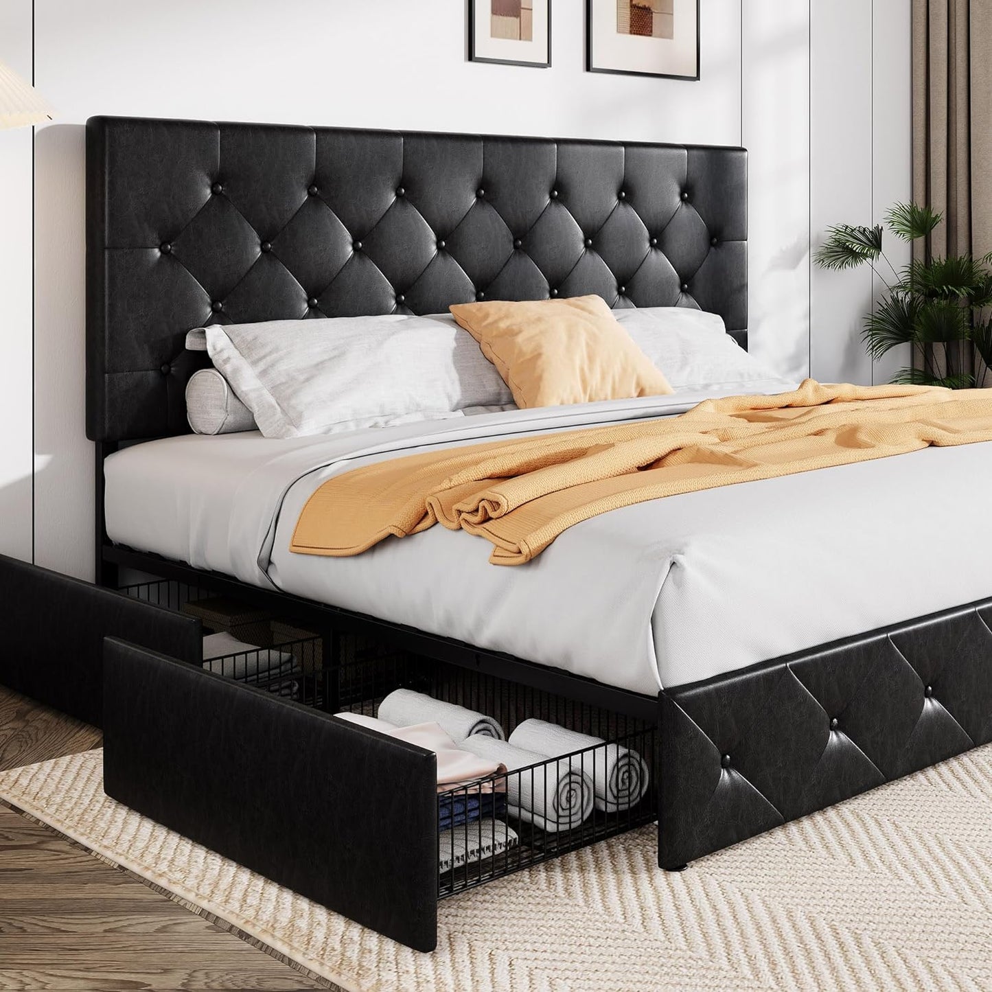 Allewie Upholstered Queen Size Platform Bed Frame with 4 Storage Drawers and Headboard, Square Stitched Button Tufted, Mattress Foundation with Wooden Slats Support, No Box Spring Needed