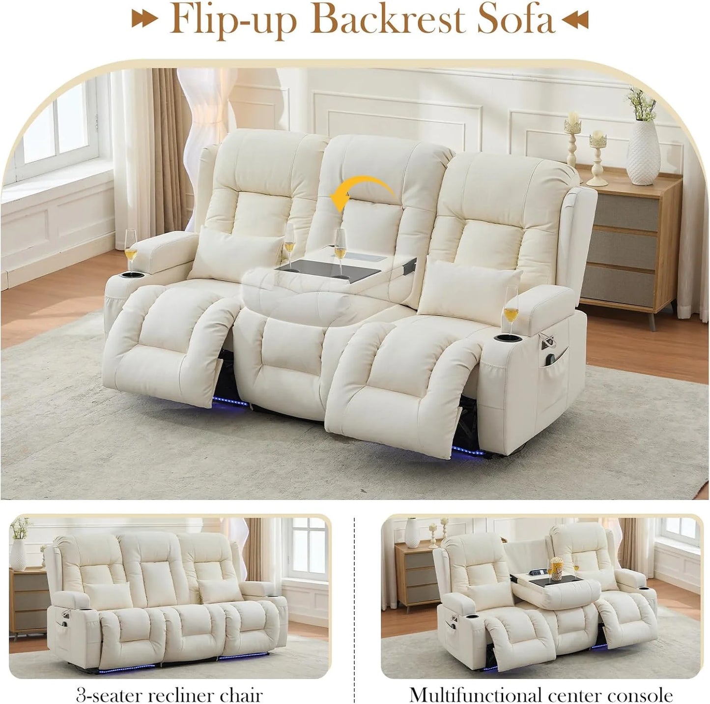 TUNYI Power Loveseat Recliner Sofa with Massage & Heat Home Theater Seating with Console Electric Recliner RV Sofa with USB/Outlet/Storage/Side Pocket/LED Light/Speaker (Brown, Loveseat)