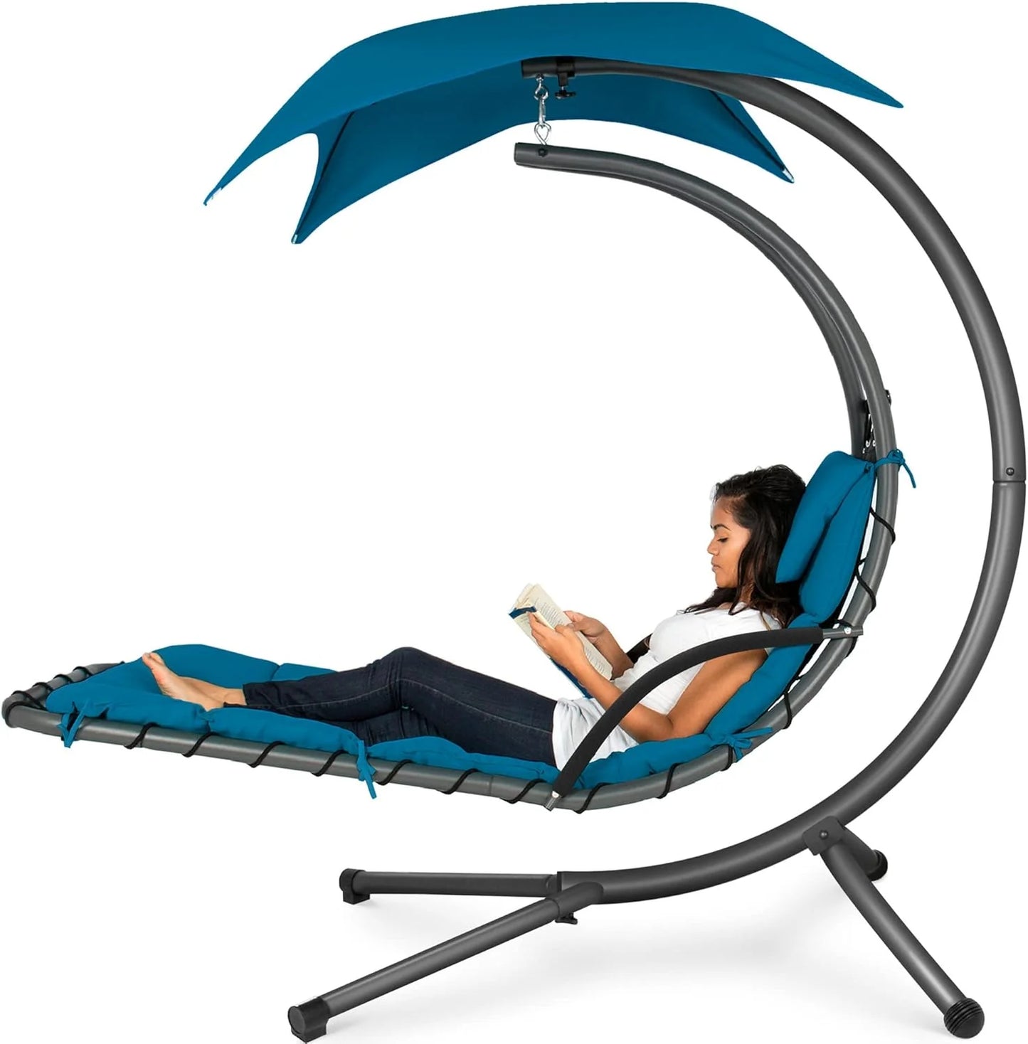 Best Choice Products Outdoor Hanging Curved Steel Chaise Lounge Chair Swing w/Built-in Pillow and Removable Canopy - Teal