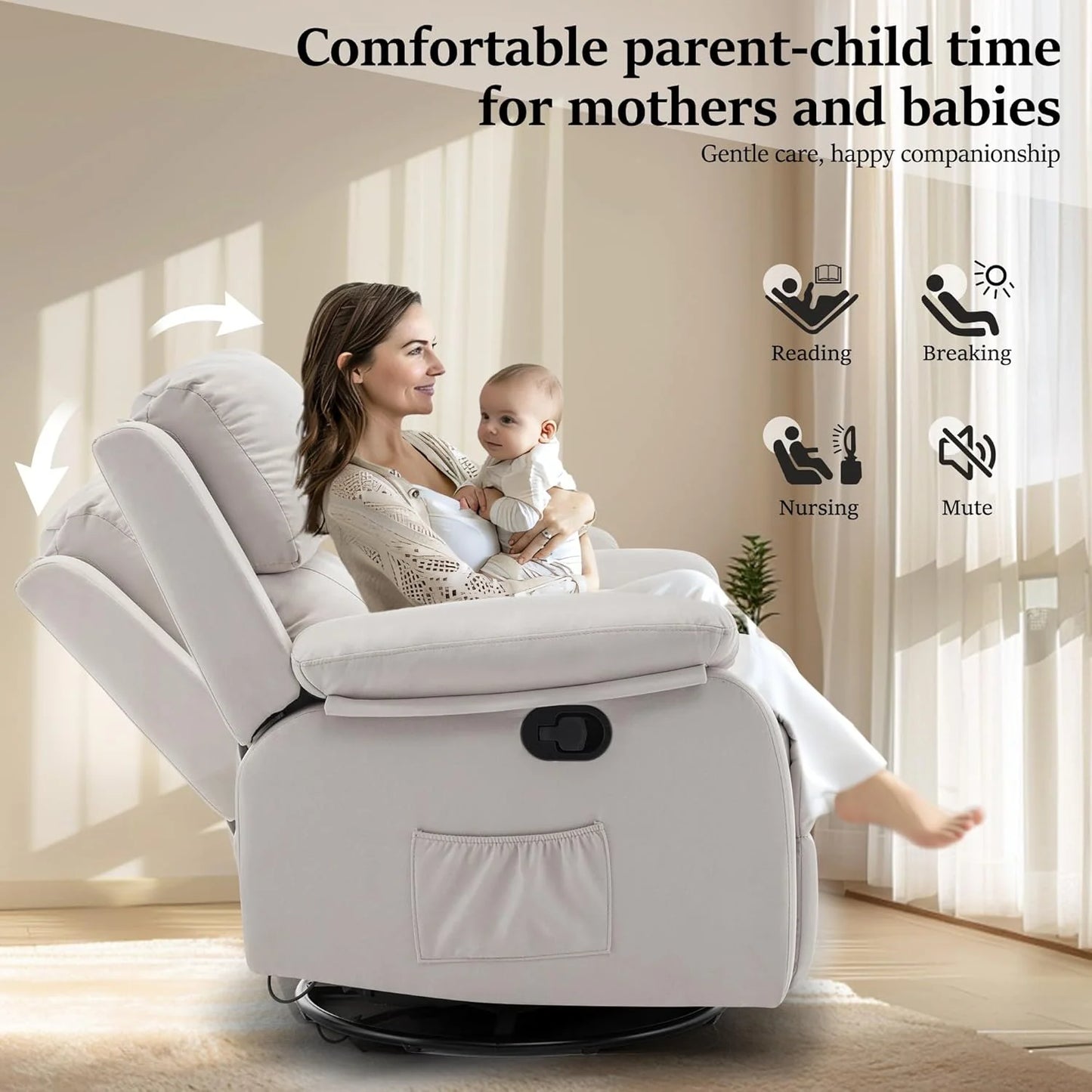 Reclining rocking chair 360 degree rotating fabric sliding reclining chair