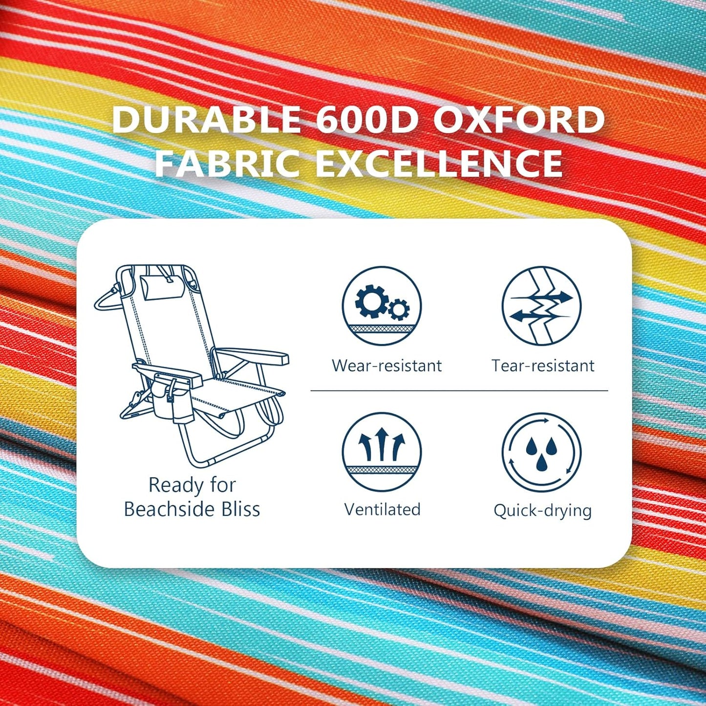 5-Position Aluminum Lay Flat Tall Backpack Beach Chairs 2 Pack Compact Portable Beach Chairs for Adults with Cooler Pouch, Storage Pouch, Towel Bar, Cup Holder & Phone Holder, Blue Stripe