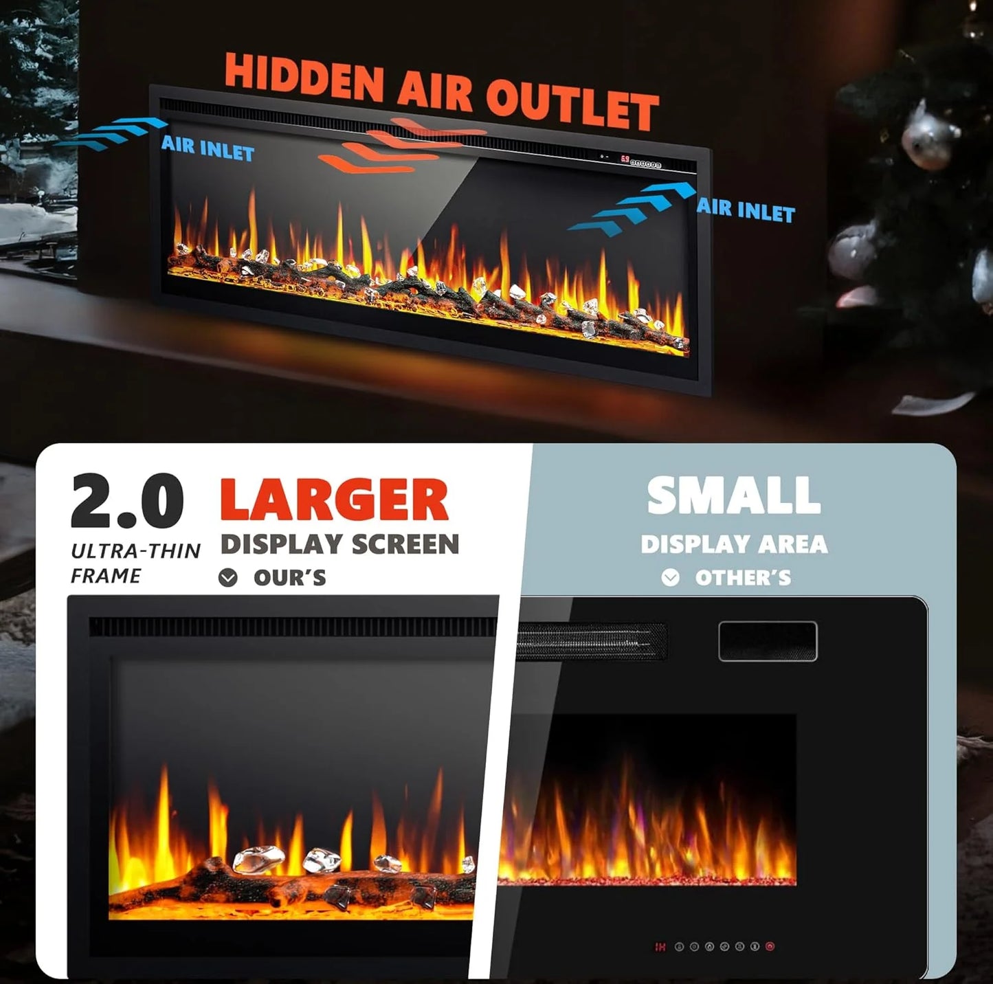 EUHOMY 50 Inch Electric Fireplace Wall Recessed and Wall Mounted with Adjustable Flame Color, Fireplace Heater with Remote Control, Linear Fireplace with Timer, Touch Screen, Log & Crystal, 750/1500W