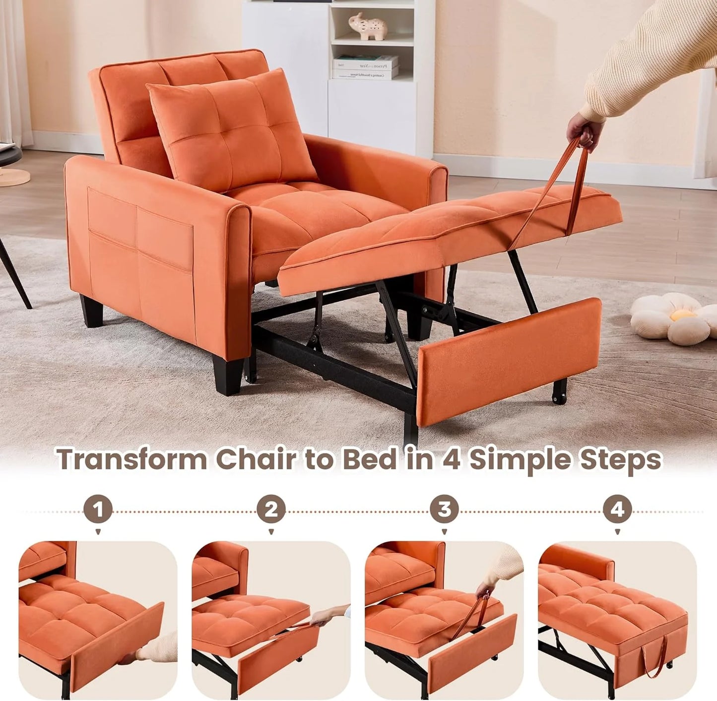 Convertible Sleeper Chair, 3 in 1 Sleeper Chair Bed Pull Out Sofa Bed Chairs, Velvet Single Sofa with Adjustable Backrest