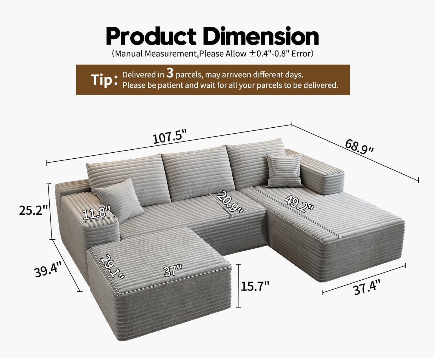 107.5 inch Cloud Modular Sectional Sofa with L-Shaped Chaise Lounge, Modern Minimalist Upholstered Sofa Deep Seating Corner Sofa