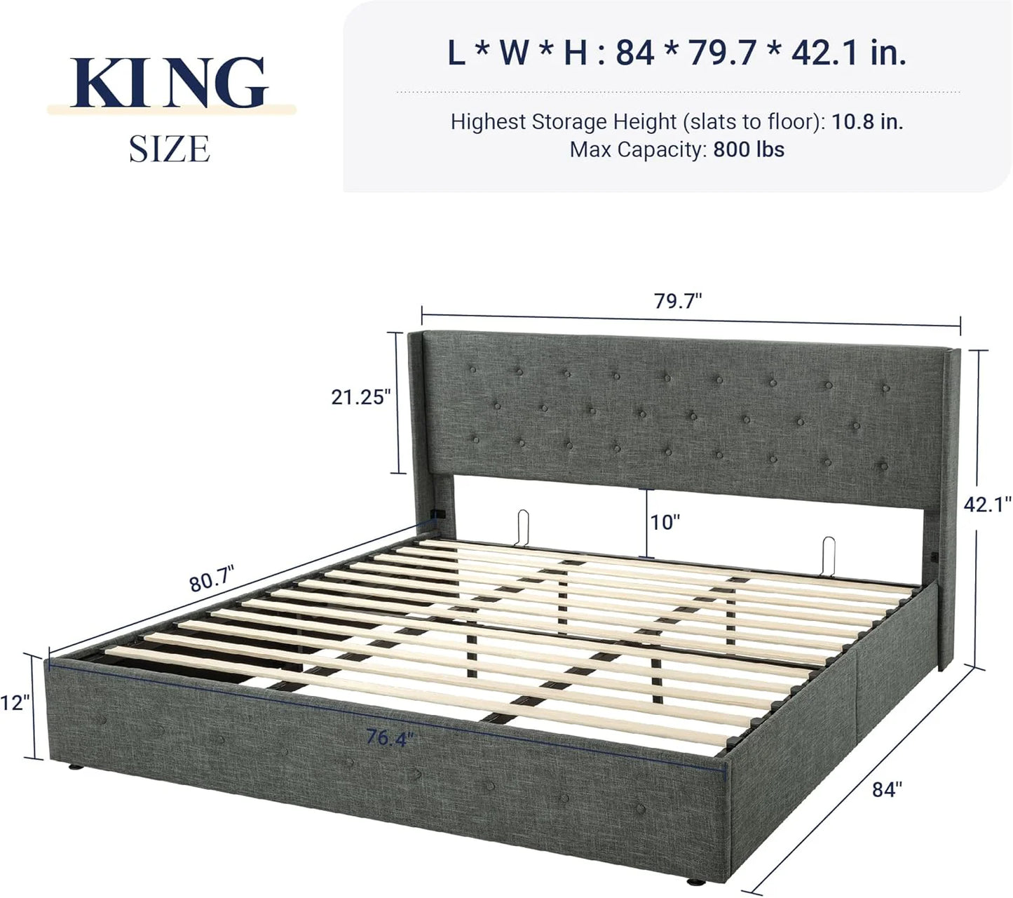 Allewie Queen Size Lift Up Storage Bed, Modern Wingback Headboard, Hydraulic Support, No Box Spring Needed, Light Beige