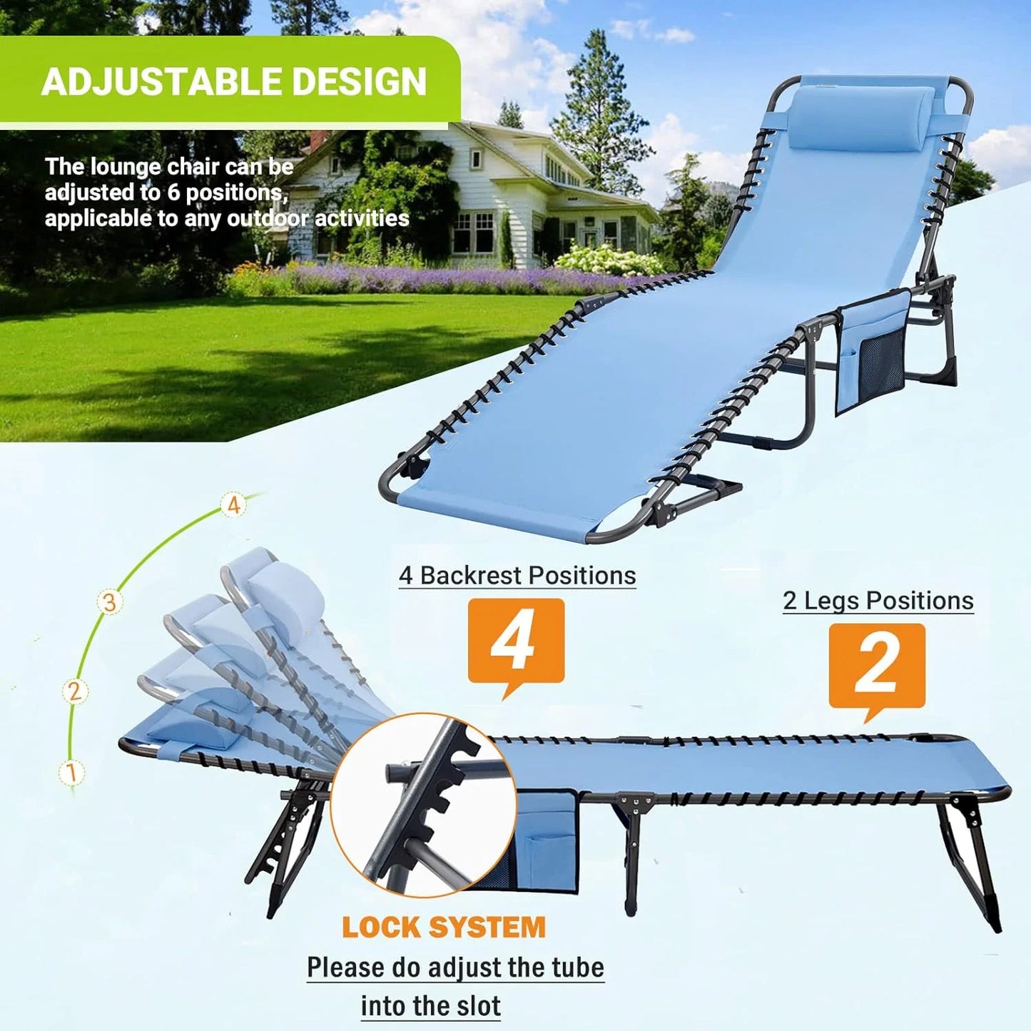 2 Pack Outdoor Chaise Lounge Chair - Portable Folding Patio Pool Lounge Chair, 5 Positions Adjustable Reclining Camping Chair with Side Table,Shoulder Strap, Pillow for Beach Sunbathing Lawn