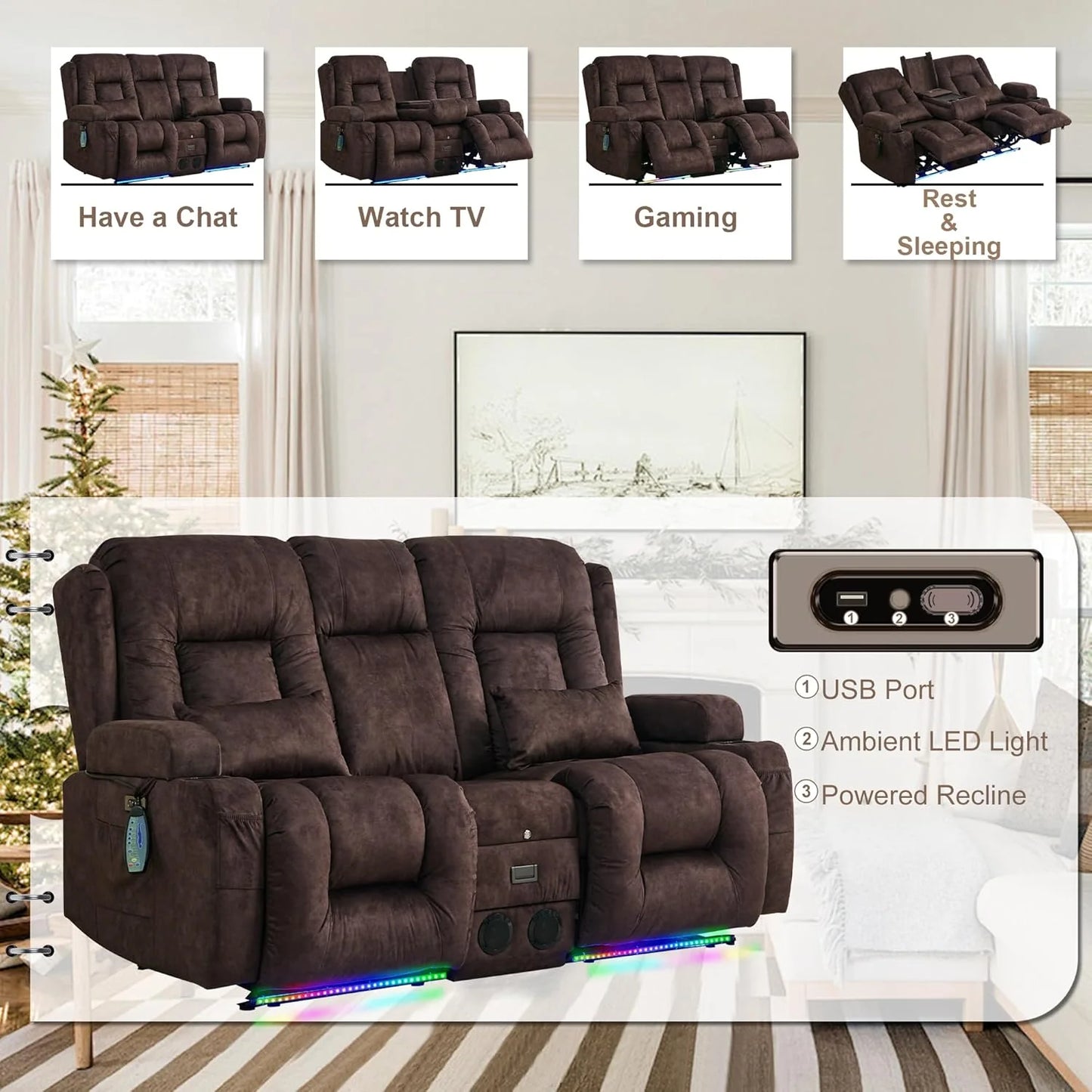 TUNYI Power Loveseat Recliner Sofa with Massage & Heat Home Theater Seating with Console Electric Recliner RV Sofa with USB/Outlet/Storage/Side Pocket/LED Light/Speaker (Brown, Loveseat)