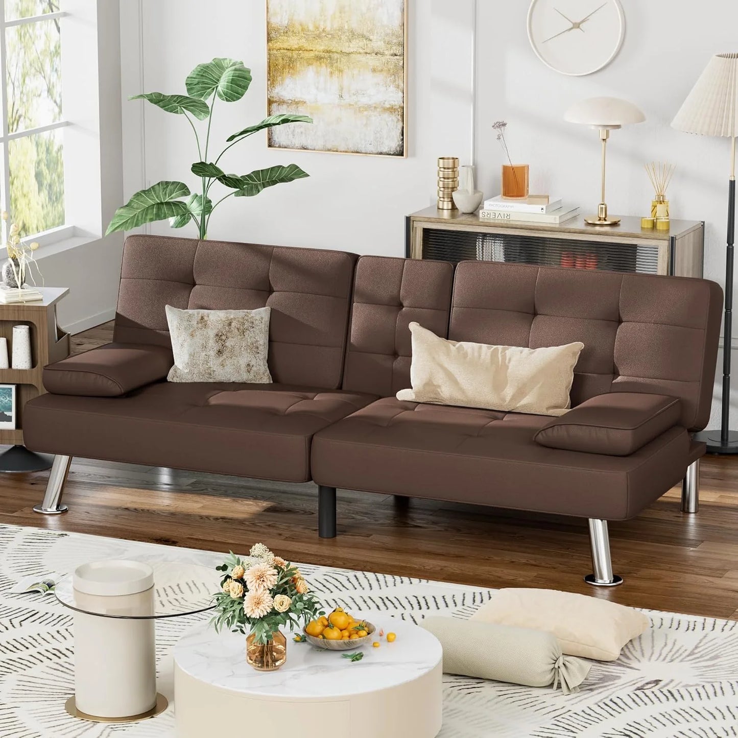 Homall Futon Sofa Bed, Leather Futon Couch with Removable Armrests, Adjustable Recliner Sleeper Sofa Bed with Dual Cup Holders for Living Room, Apartment